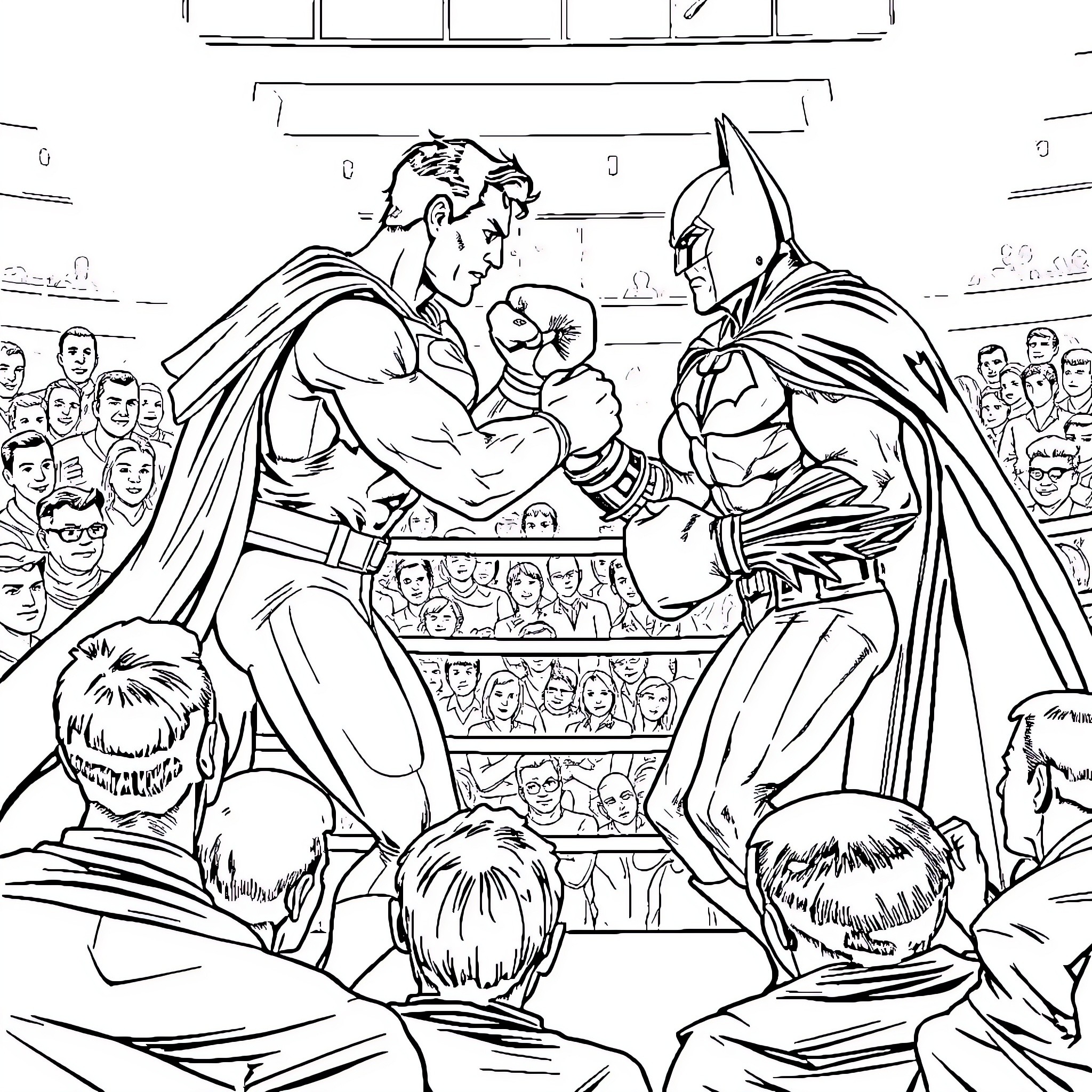 Superman and Batman engaging in an intense fight Coloring Page (free black-and-white line drawing printable PDF for all, from beginners to advanced learners, including children, teens, adults, and seniors)