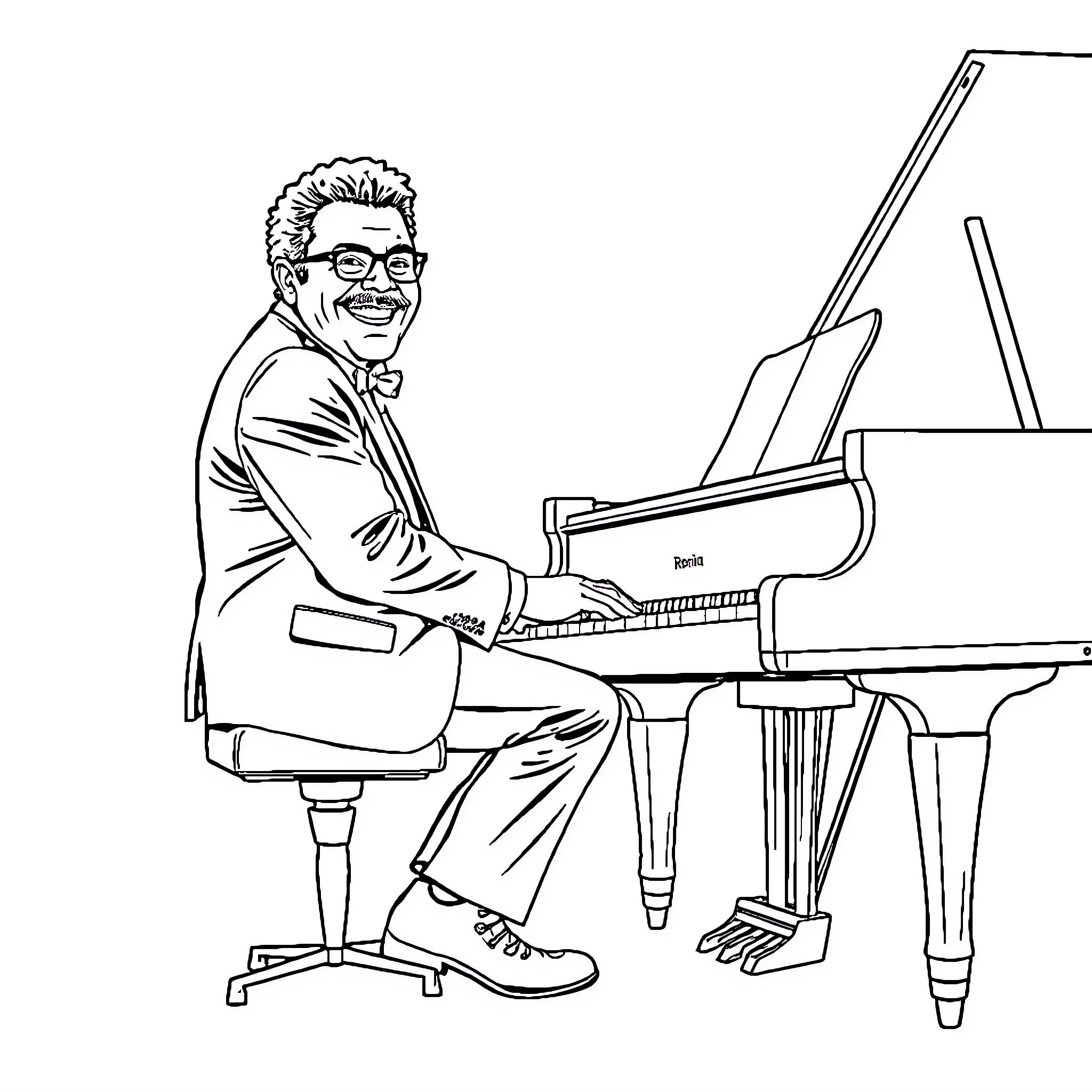 Ronnie Milsap playing piano with a smile Coloring Page (free black-and-white line drawing printable PDF for all, from beginners to advanced learners, including children, teens, adults, and seniors)