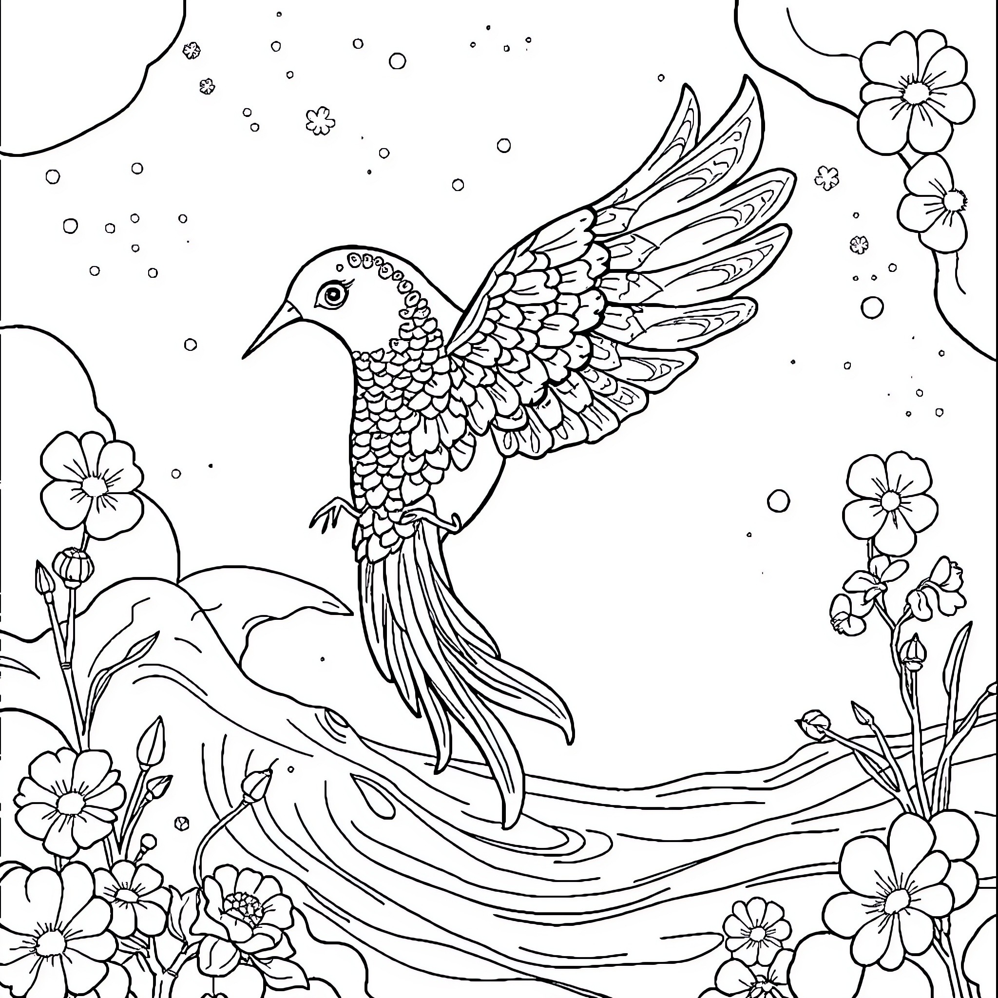 Water Fairy bird soaring among blossoms Coloring Page (free black-and-white line drawing printable PDF for all, from beginners to advanced learners, including children, teens, adults, and seniors)