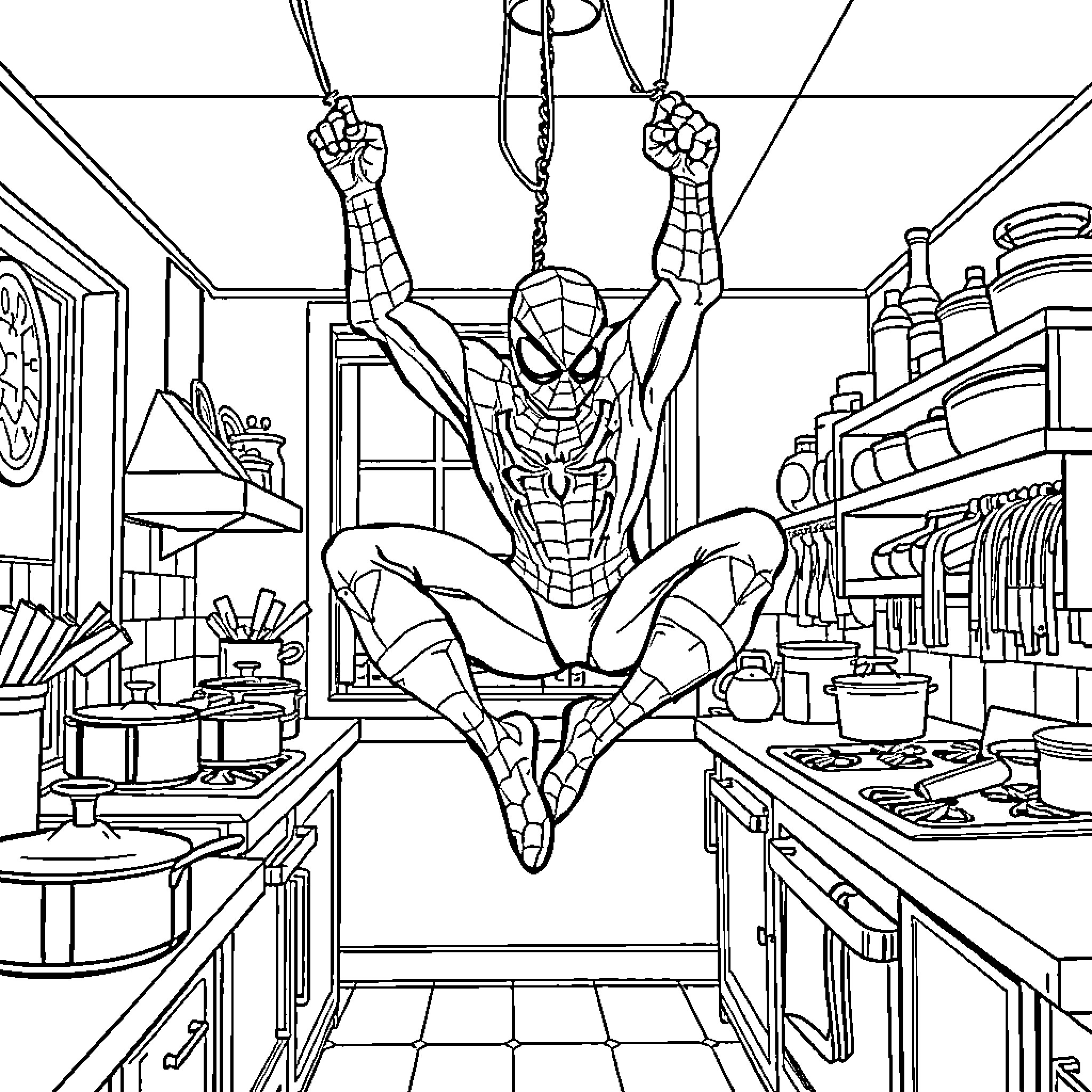 Spiderman swinging heroically through a cluttered office Coloring Page (free black-and-white line drawing printable PDF for all, from beginners to advanced learners, including children, teens, adults, and seniors)