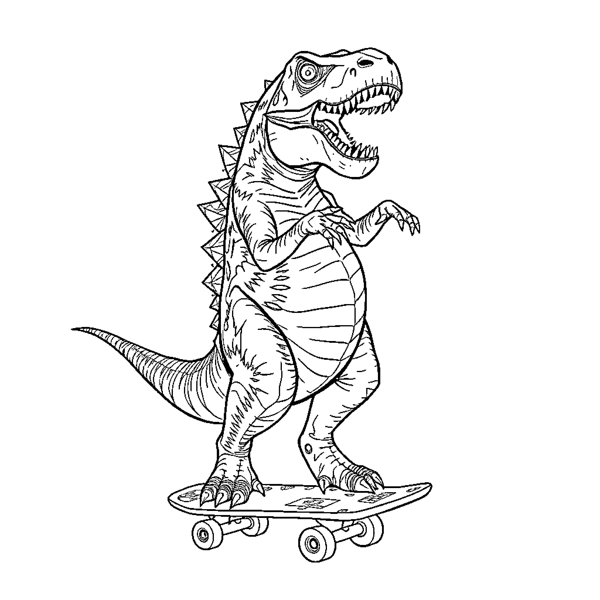 T-Rex riding a skateboard Coloring Page (free black-and-white line drawing printable PDF for all, from beginners to advanced learners, including children, teens, adults, and seniors)