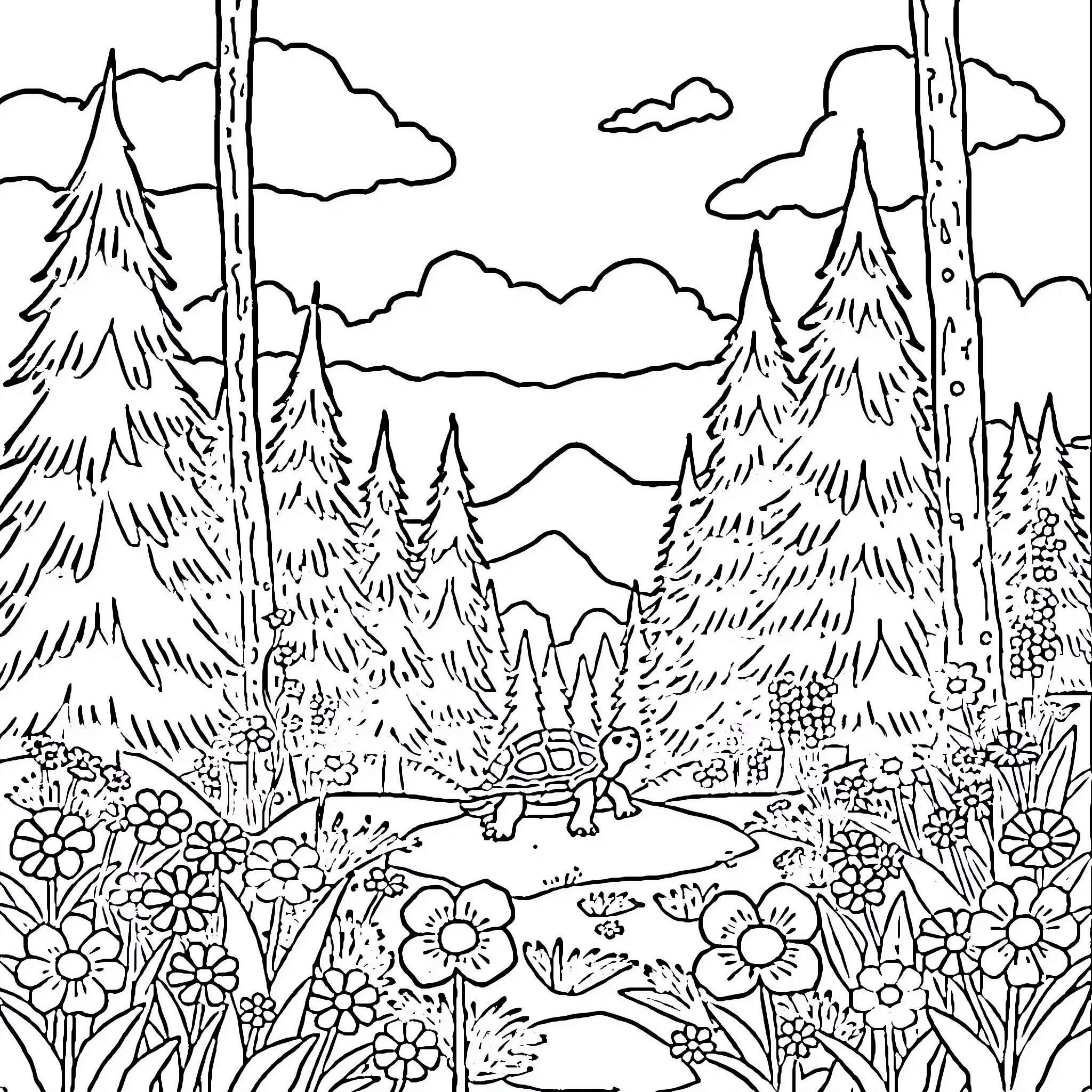 Turtle exploring a forest landscape Coloring Page (free black-and-white line drawing printable PDF for all, from beginners to advanced learners, including children, teens, adults, and seniors)