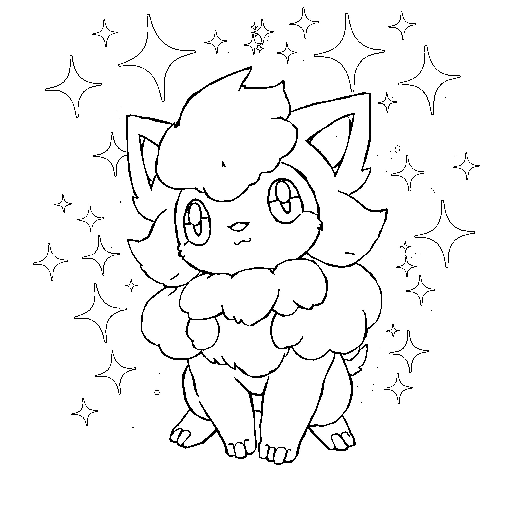 Evoli among twinkling stars Coloring Page (free black-and-white line drawing printable PDF for all, from beginners to advanced learners, including children, teens, adults, and seniors)