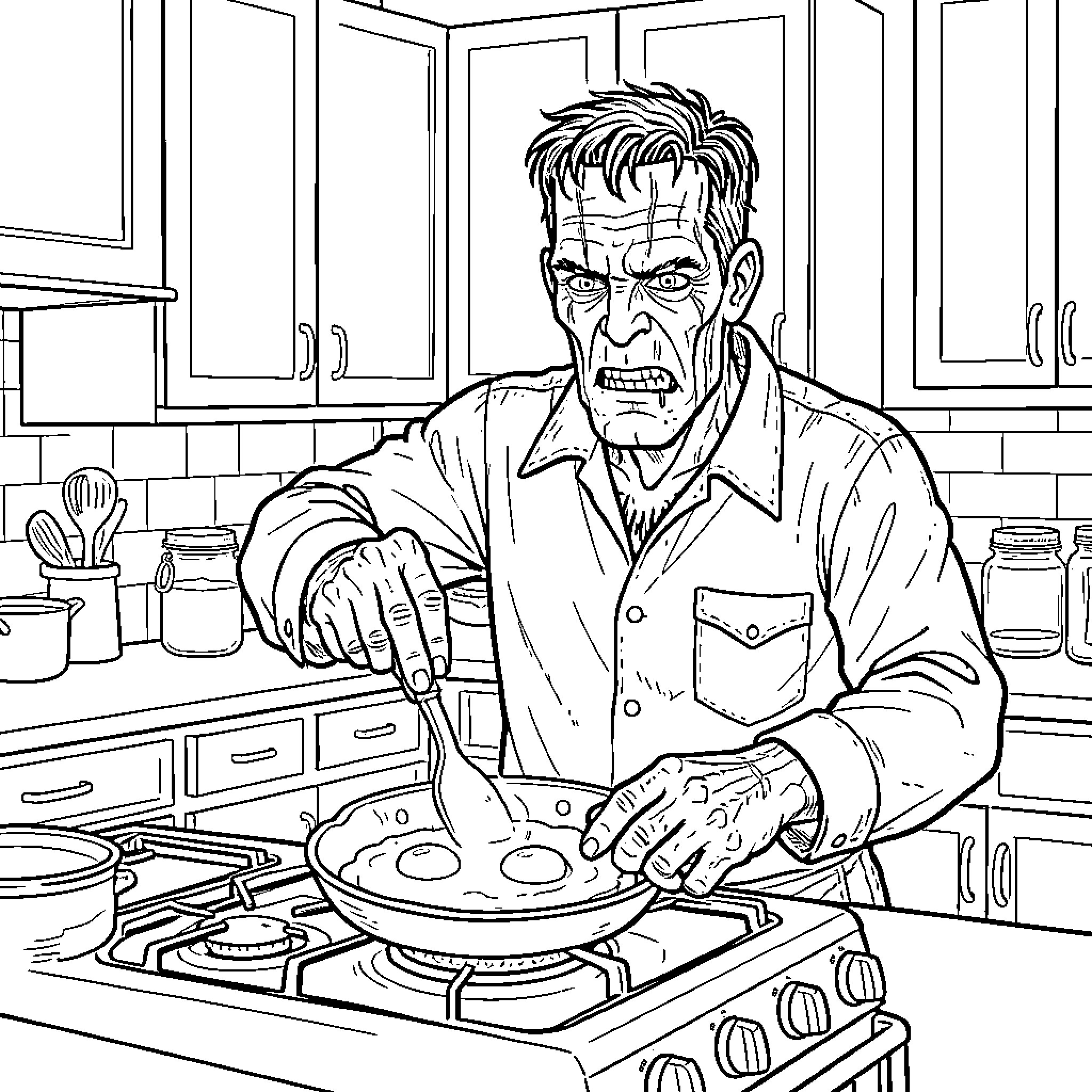 Frankenstein cooking in a disturbed manner Coloring Page (free black-and-white line drawing printable PDF for all, from beginners to advanced learners, including children, teens, adults, and seniors)