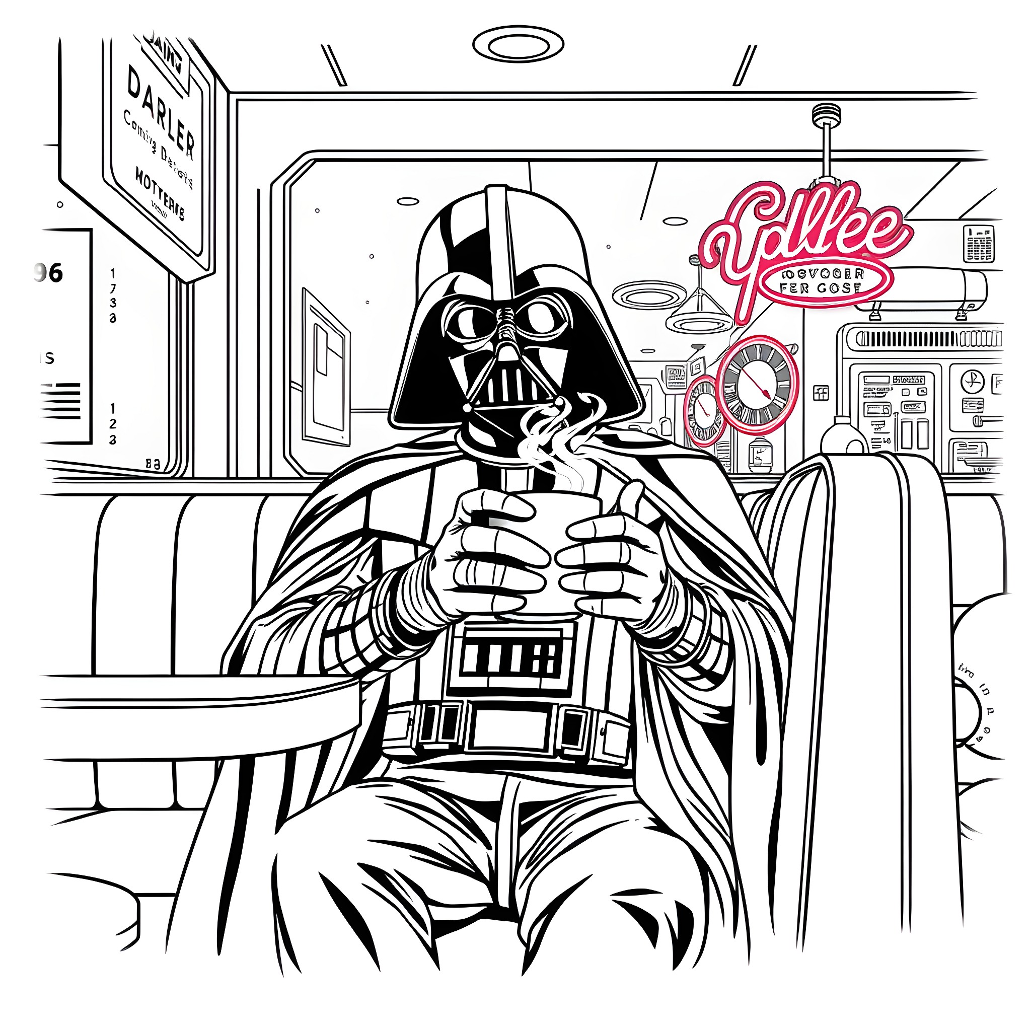 Darth Vader relaxing in a retro diner setting Coloring Page (free black-and-white line drawing printable PDF for all, from beginners to advanced learners, including children, teens, adults, and seniors)