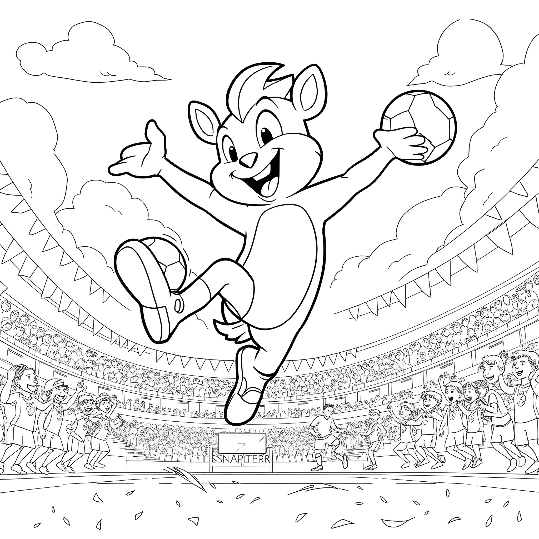 Snappy DEE Celebrates Victory on the Field Coloring Page (free black-and-white line drawing printable PDF for all, from beginners to advanced learners, including children, teens, adults, and seniors)