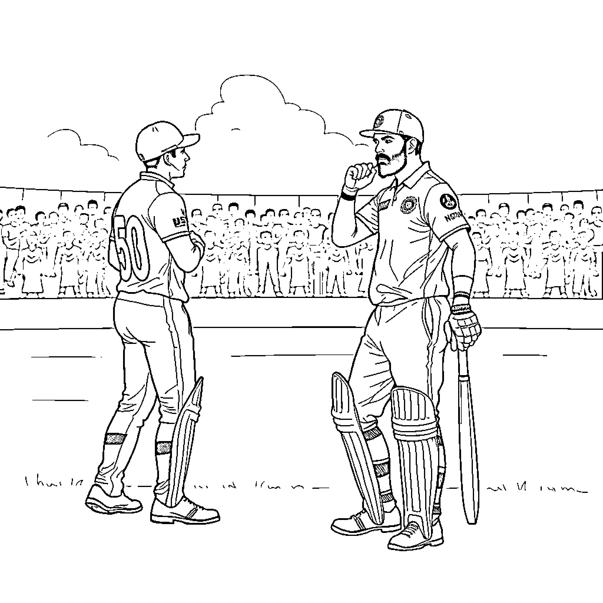 Rohit Sharma Cricket Players on Field Coloring Page (free black-and-white line drawing printable PDF for all, from beginners to advanced learners, including children, teens, adults, and seniors)