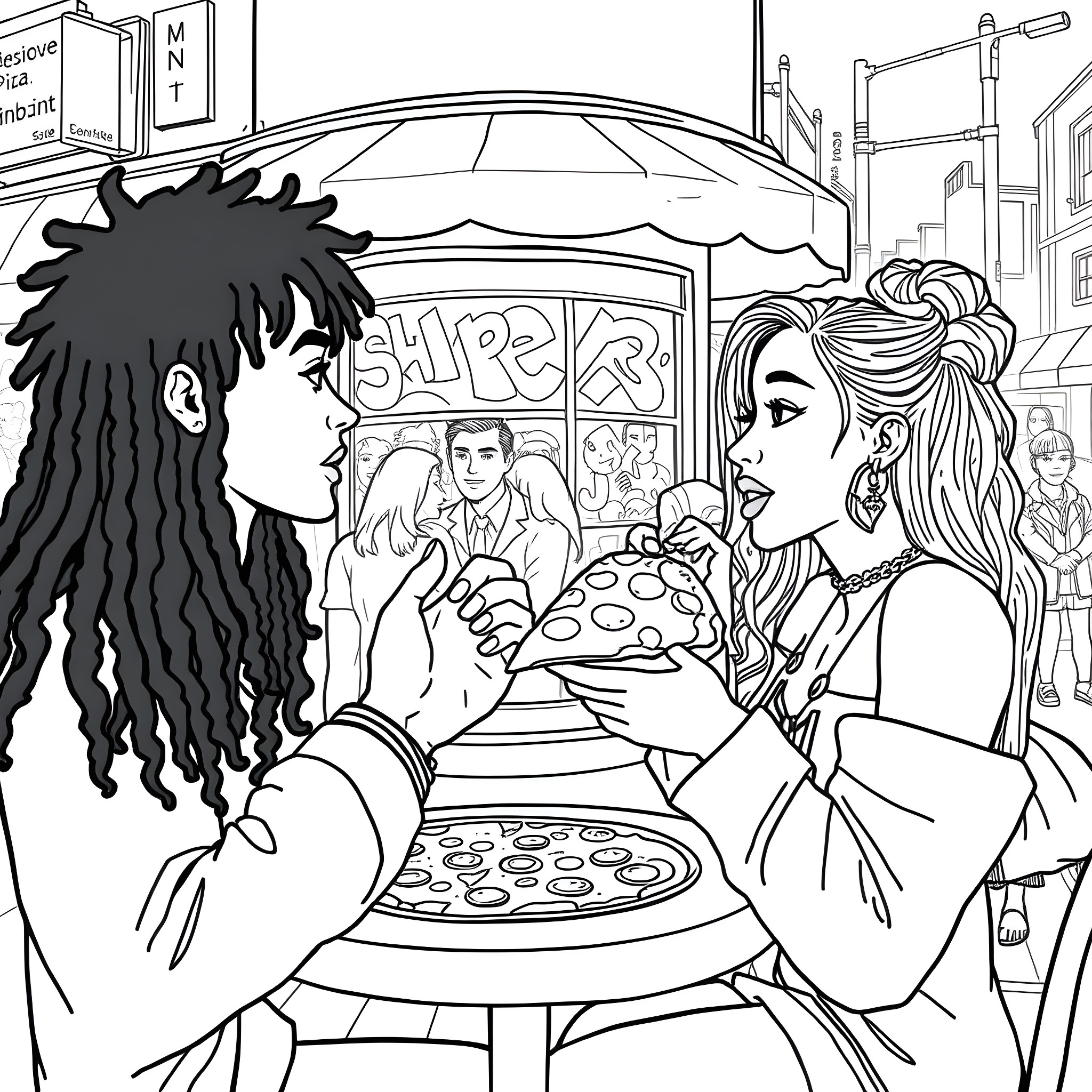 Playboi Carti Sharing Pizza with Companion in City Street Coloring Page (free black-and-white line drawing printable PDF for all, from beginners to advanced learners, including children, teens, adults, and seniors)