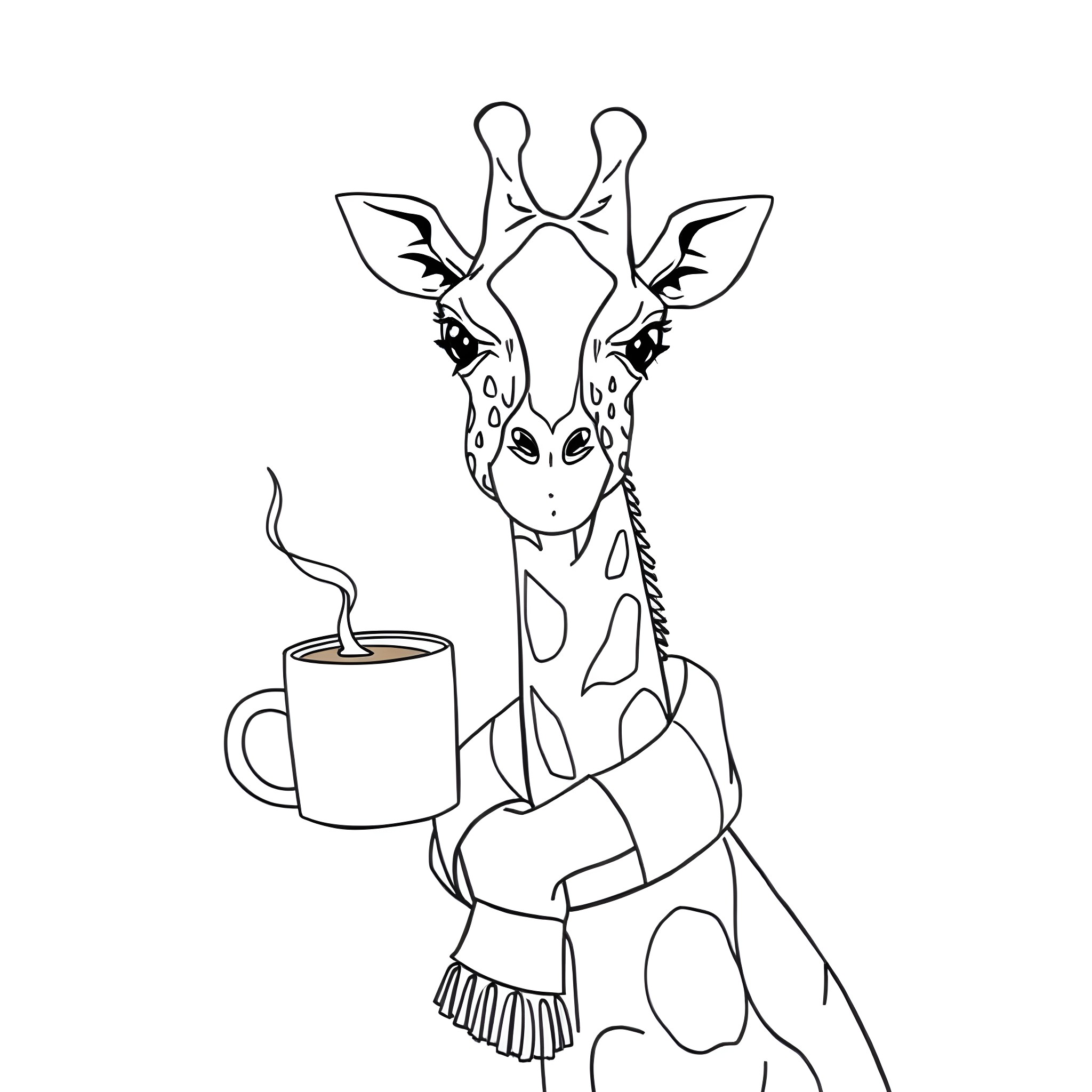Giraffe enjoying a warm beverage Coloring Page (free black-and-white line drawing printable PDF for all, from beginners to advanced learners, including children, teens, adults, and seniors)