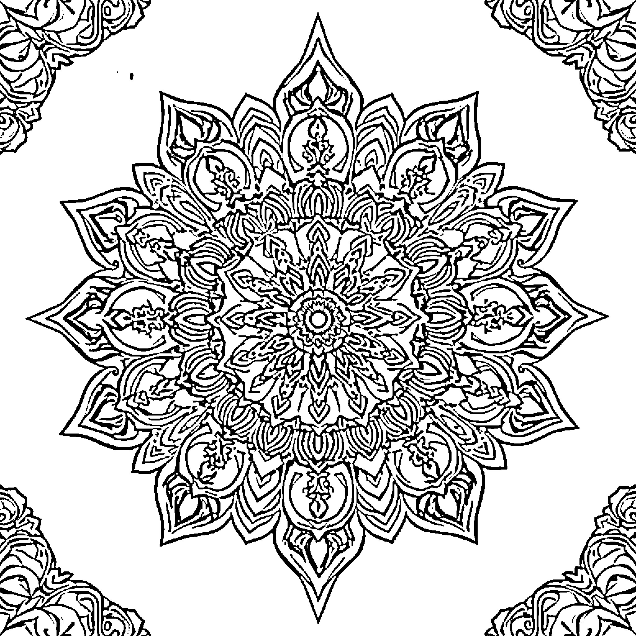 Mandala with intricate floral patterns and symmetrical design Coloring Page (free black-and-white line drawing printable PDF for all, from beginners to advanced learners, including children, teens, adults, and seniors)