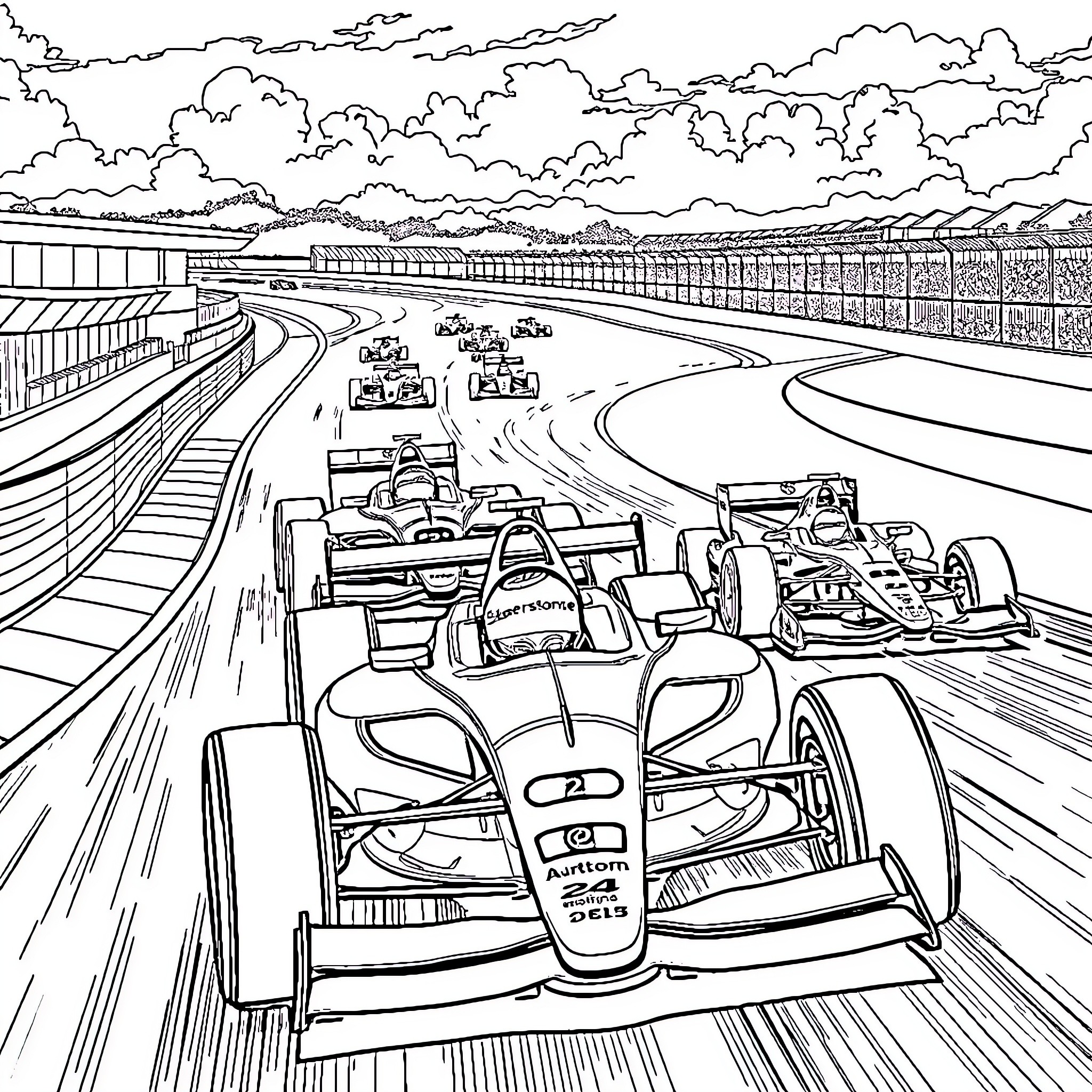 Formula 1 Race Cars Speeding on Circuit Track Coloring Page (free black-and-white line drawing printable PDF for all, from beginners to advanced learners, including children, teens, adults, and seniors)