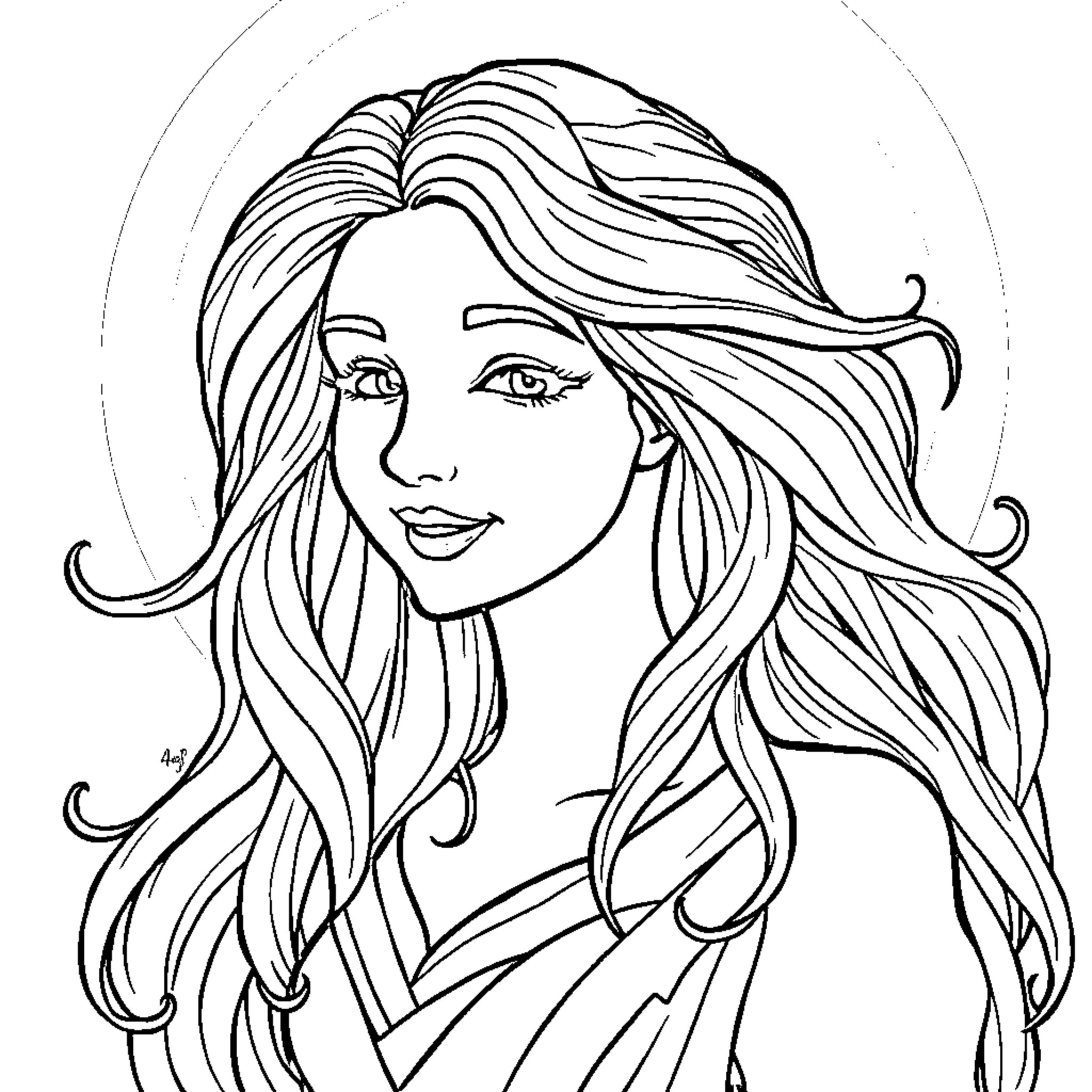 Goddess of Flowing Locks Coloring Page (free black-and-white line drawing printable PDF for all, from beginners to advanced learners, including children, teens, adults, and seniors)