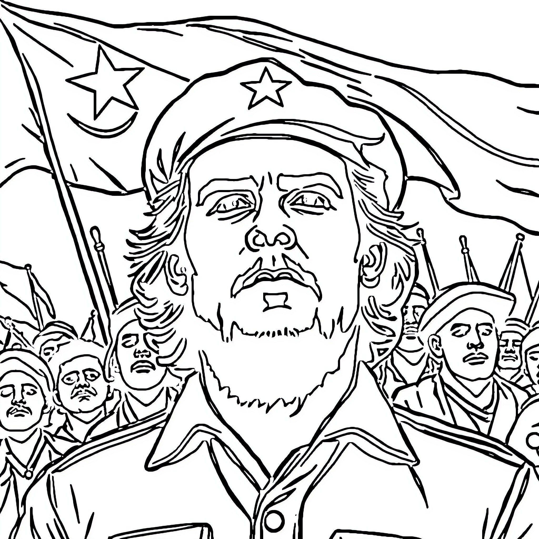 Che Guevara leading a revolutionary rally Coloring Page (free black-and-white line drawing printable PDF for all, from beginners to advanced learners, including children, teens, adults, and seniors)