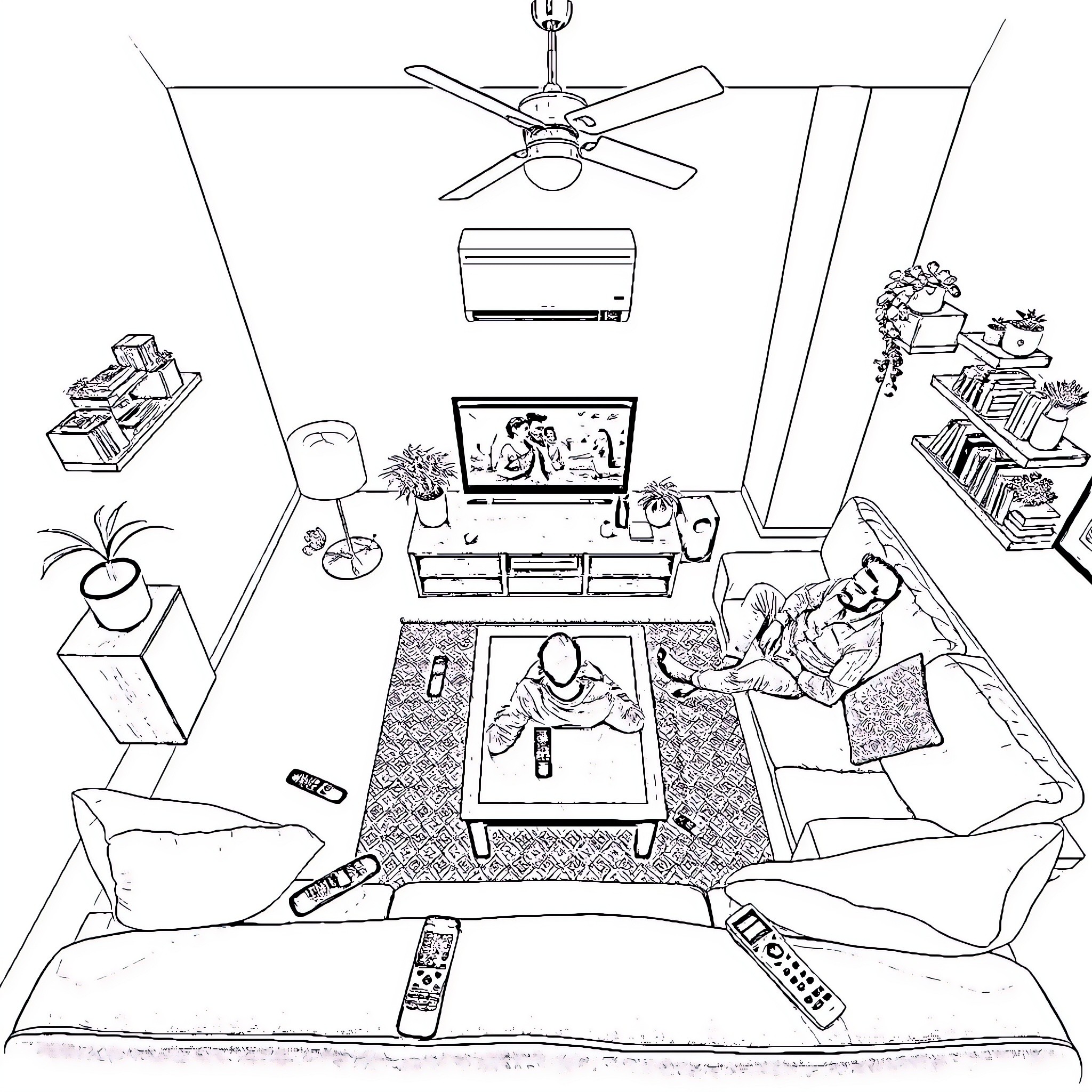 Living Room with Relaxing Inhabitants Enjoying Entertainment Coloring Page (free black-and-white line drawing printable PDF for all, from beginners to advanced learners, including children, teens, adults, and seniors)