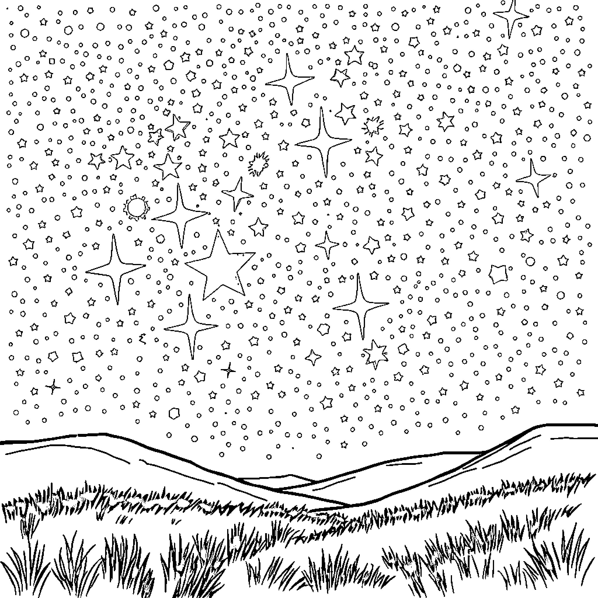 Star-Filled Night Sky over Grassy Landscape Coloring Page (free black-and-white line drawing printable PDF for all, from beginners to advanced learners, including children, teens, adults, and seniors)