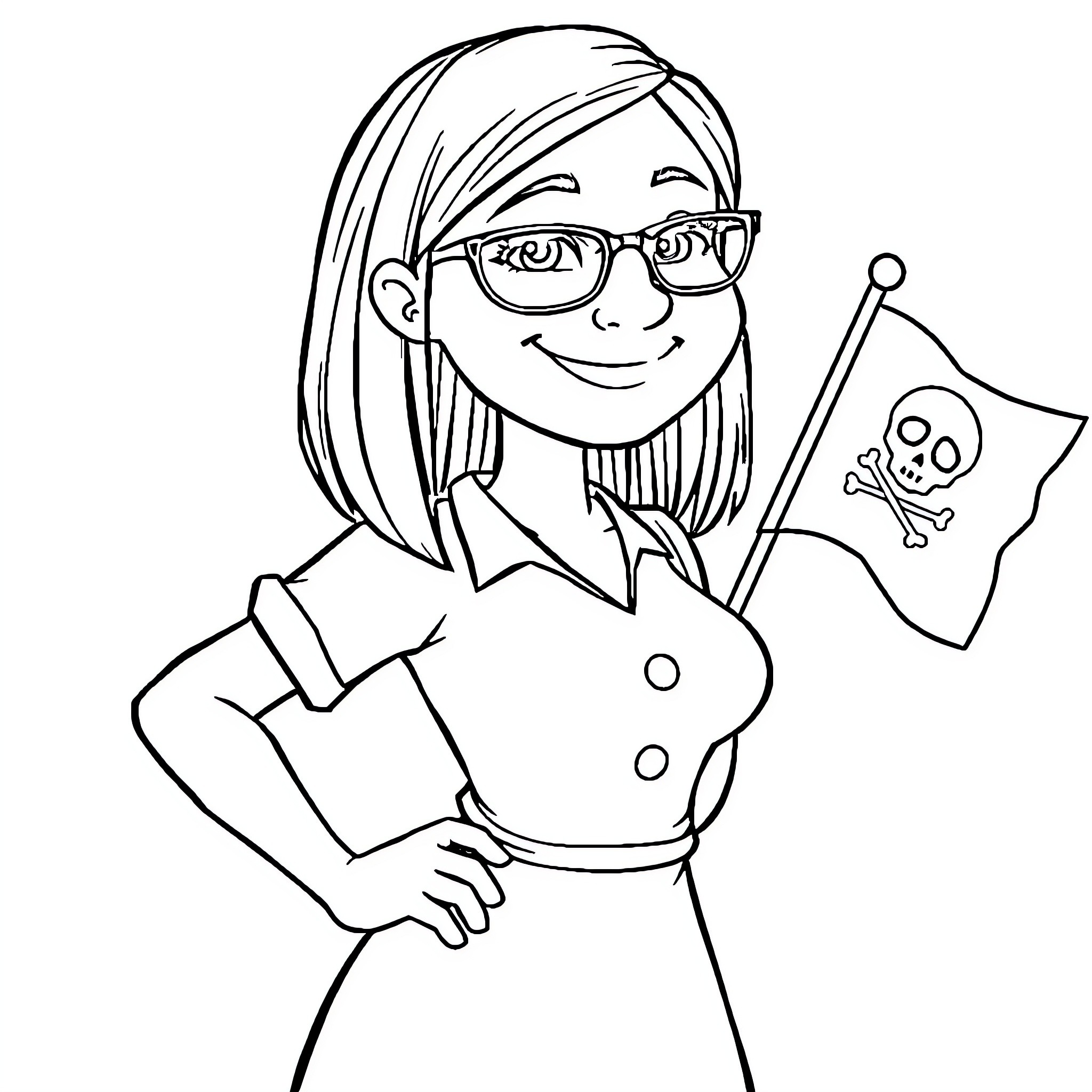 Teacher displaying pirate flag with confidence Coloring Page (free black-and-white line drawing printable PDF for all, from beginners to advanced learners, including children, teens, adults, and seniors)