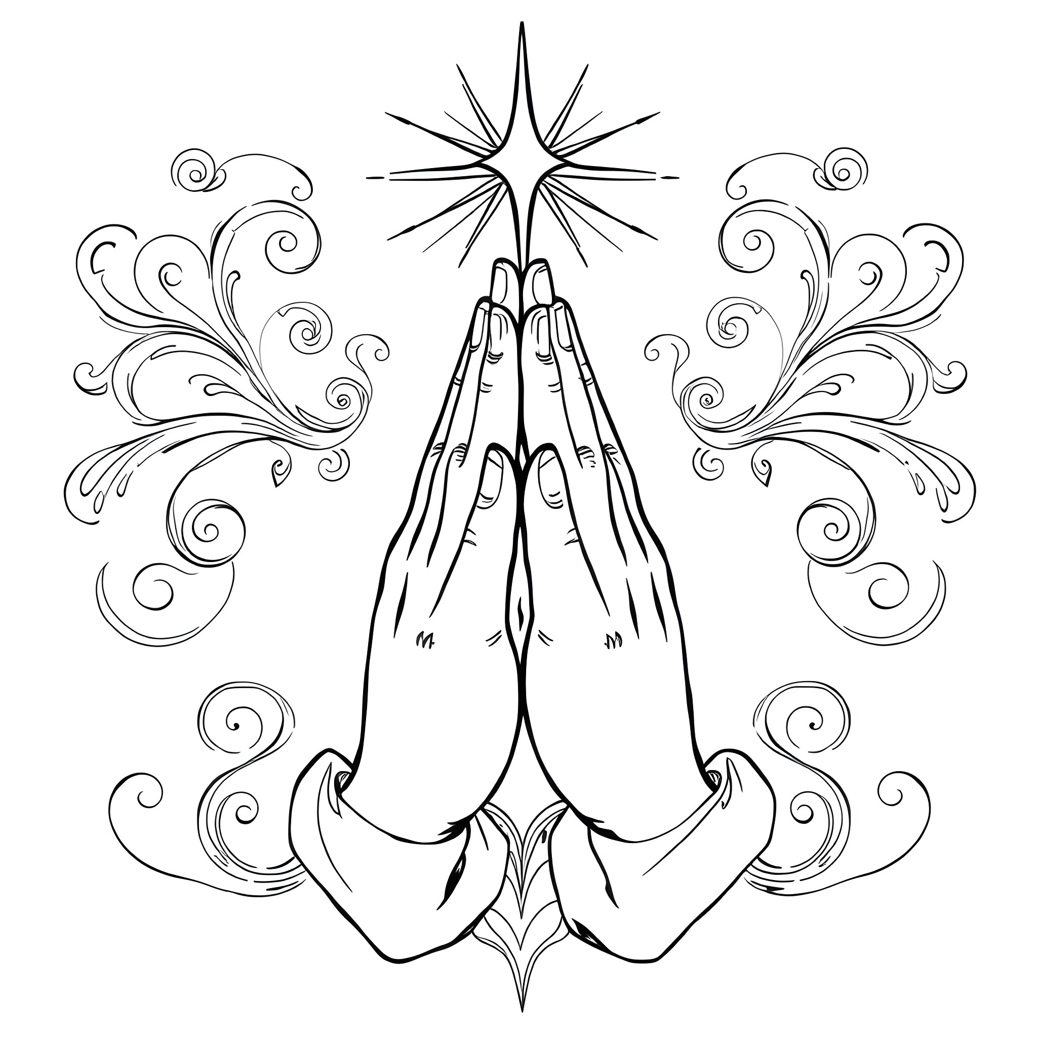 Praying Hands with Celestial Swirls Coloring Page (free black-and-white line drawing printable PDF for all, from beginners to advanced learners, including children, teens, adults, and seniors)