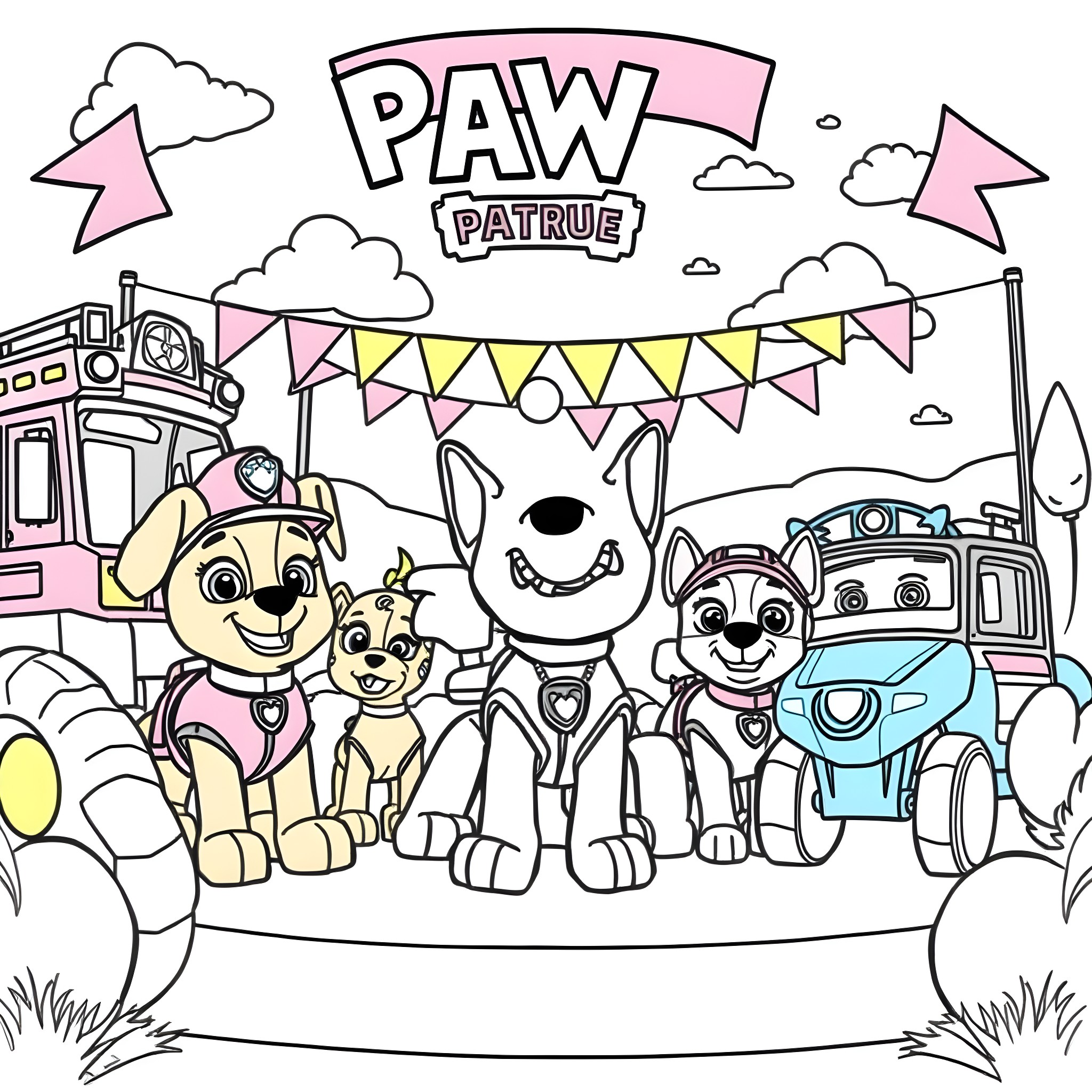 Paw Patrol Puppy Friends Celebrate with Flags and Vehicles Coloring Page (free black-and-white line drawing printable PDF for all, from beginners to advanced learners, including children, teens, adults, and seniors)