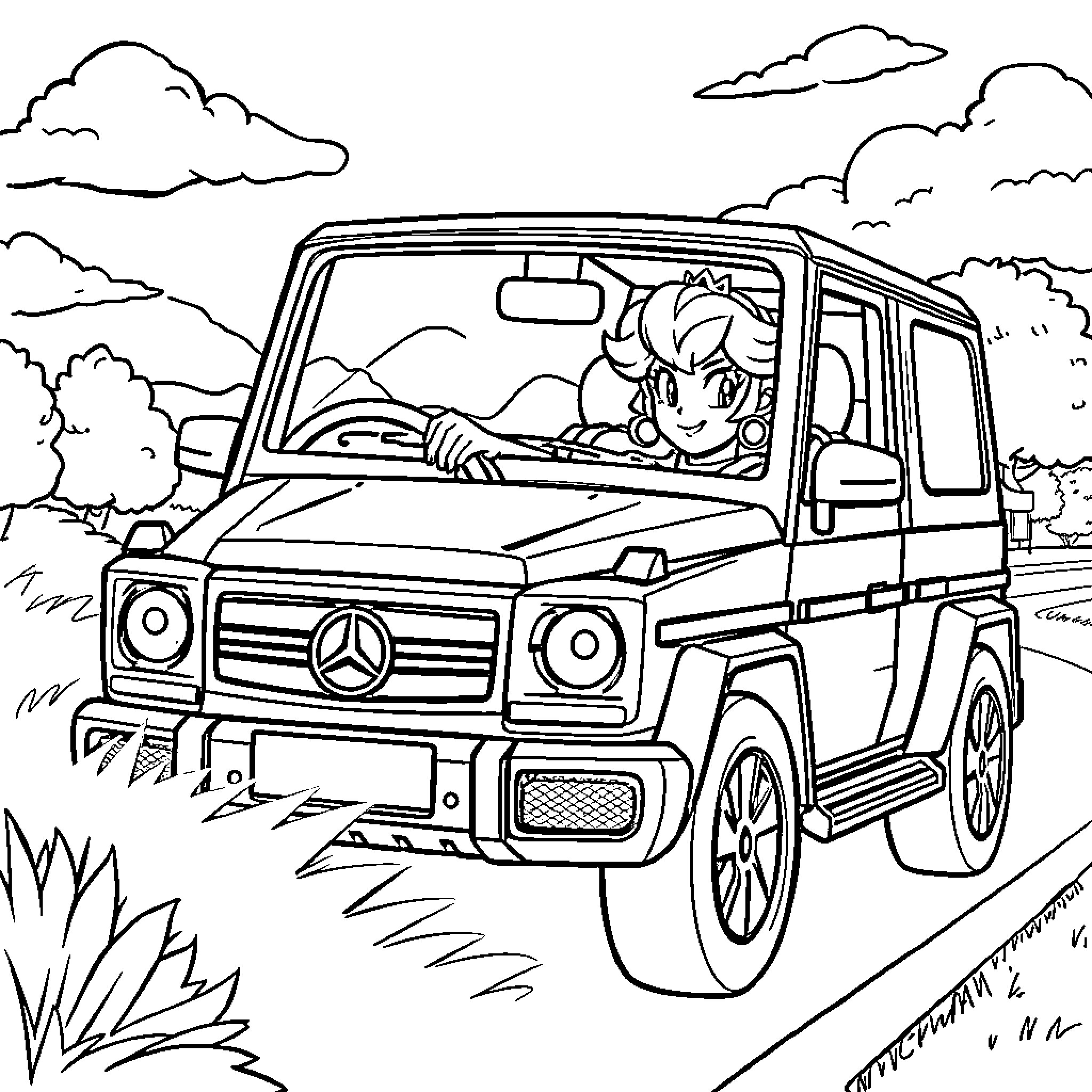 Princess driving a luxury vehicle through the countryside Coloring Page (free black-and-white line drawing printable PDF for all, from beginners to advanced learners, including children, teens, adults, and seniors)