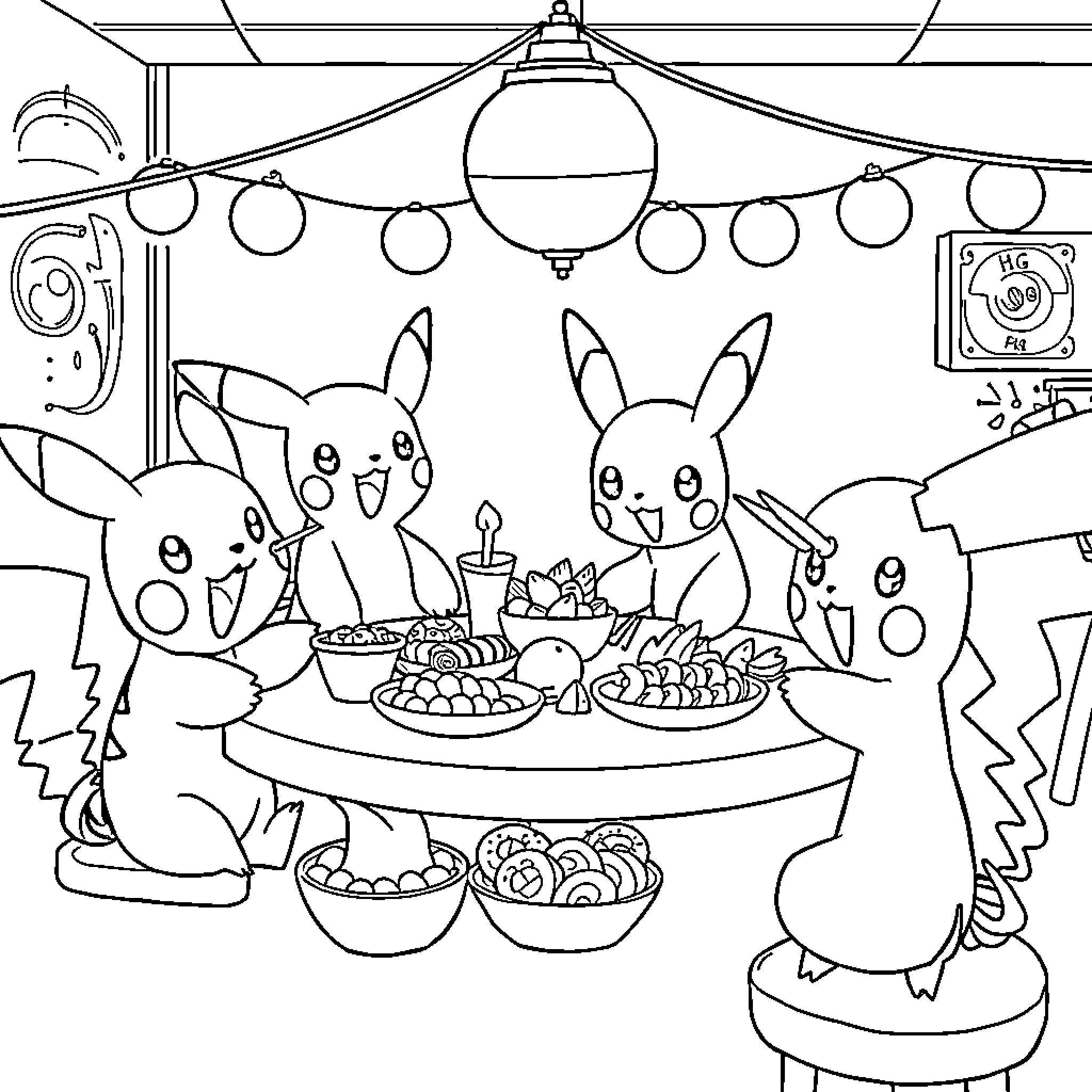Pokémon enjoying a celebratory party Coloring Page (free black-and-white line drawing printable PDF for all, from beginners to advanced learners, including children, teens, adults, and seniors)