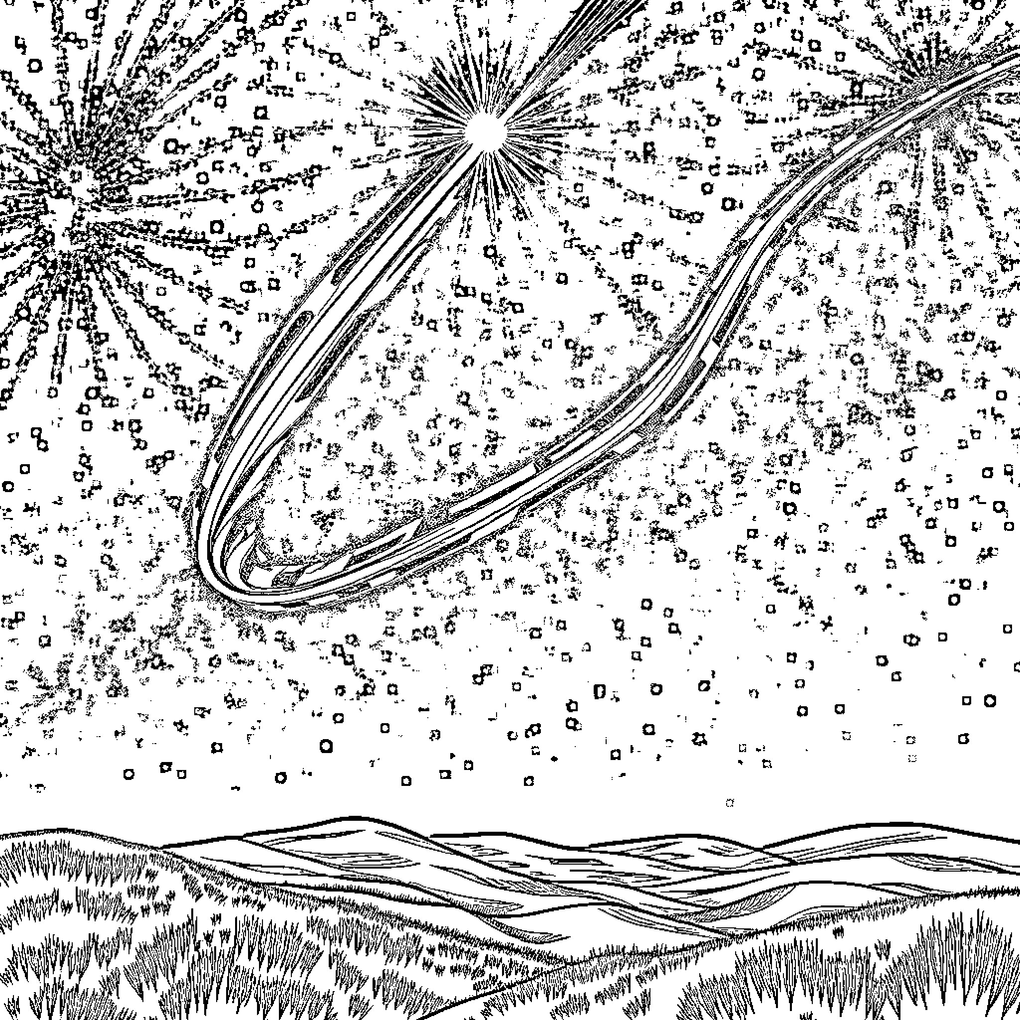 Étoile: Celestial Fireworks in the Starry Sky Coloring Page (free black-and-white line drawing printable PDF for all, from beginners to advanced learners, including children, teens, adults, and seniors)