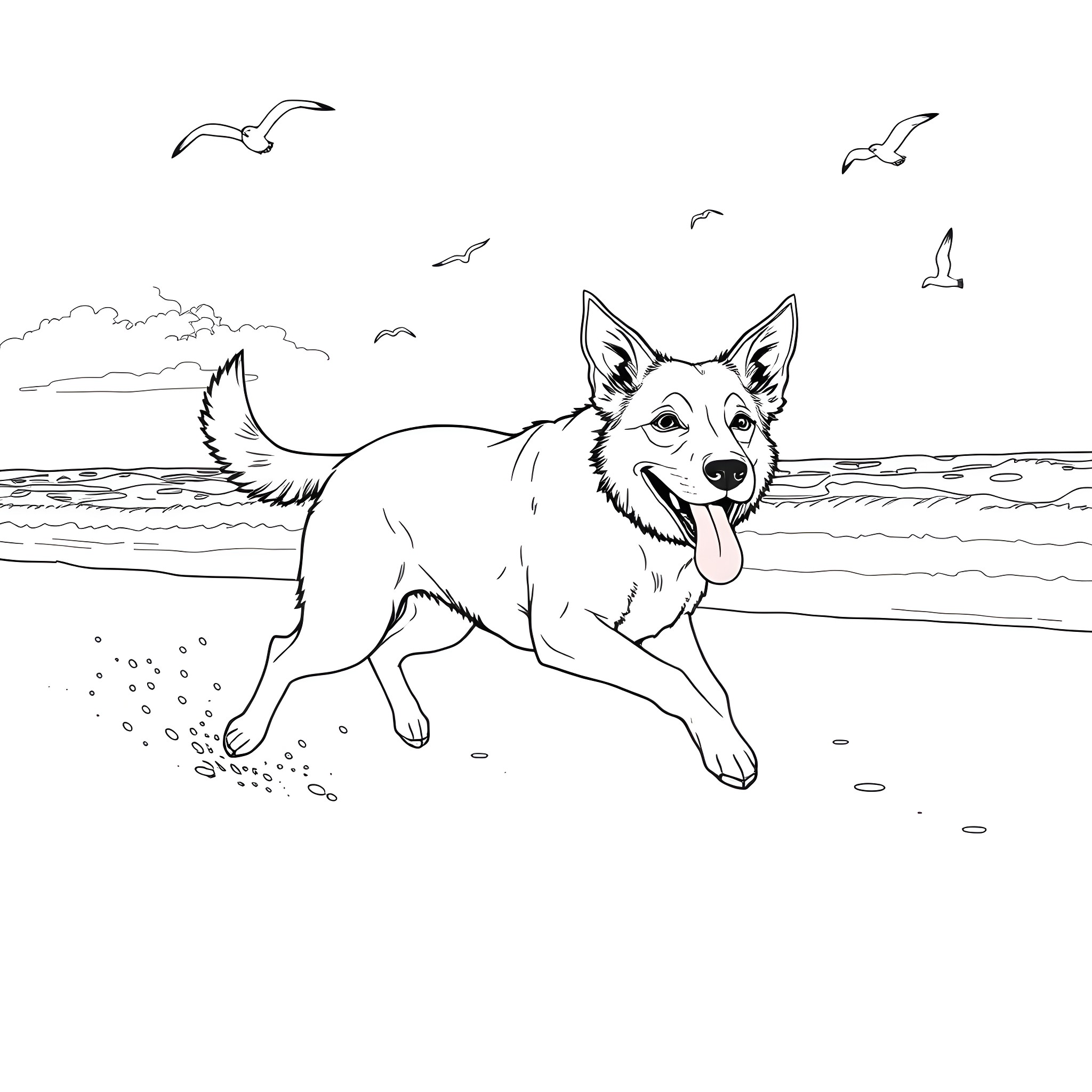 Australian Cattle Dog playing on the beach Coloring Page (free black-and-white line drawing printable PDF for all, from beginners to advanced learners, including children, teens, adults, and seniors)