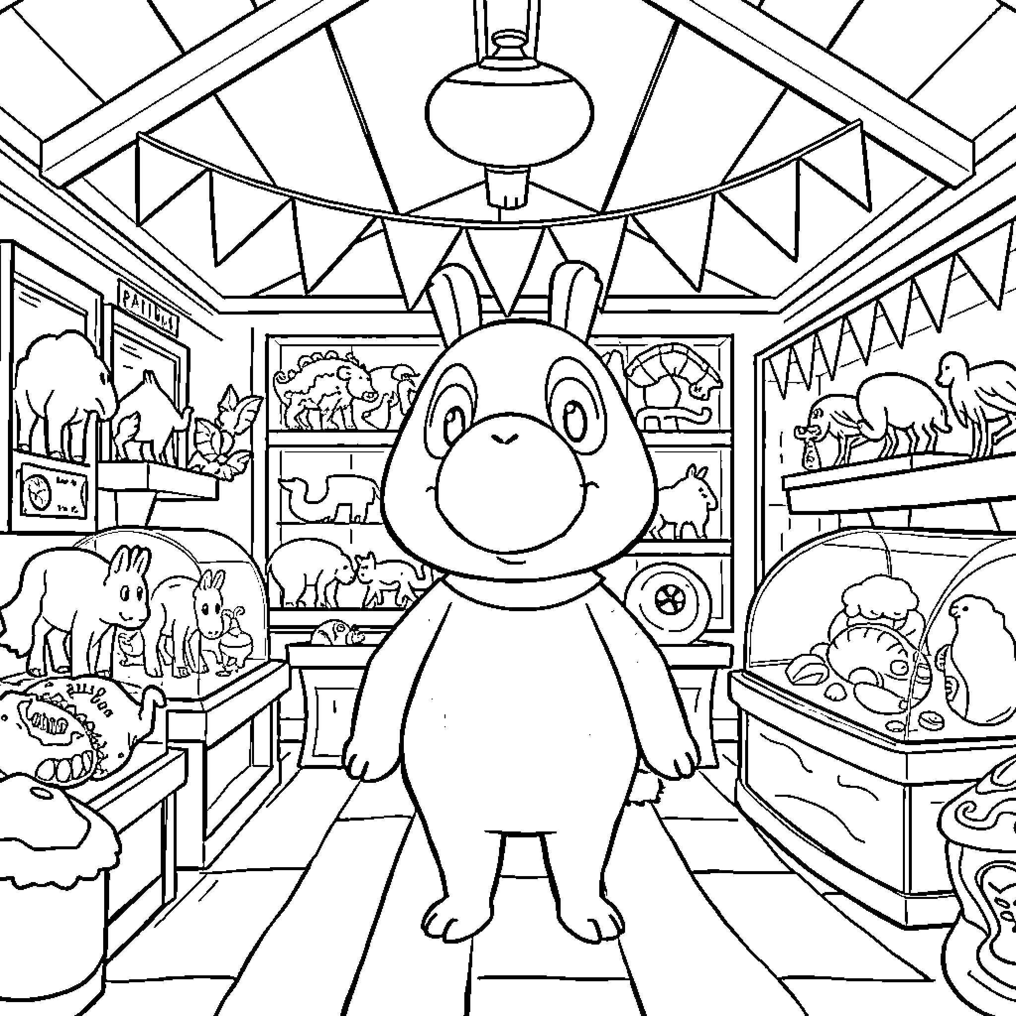 Blathers exploring a whimsical animal-themed room Coloring Page (free black-and-white line drawing printable PDF for all, from beginners to advanced learners, including children, teens, adults, and seniors)