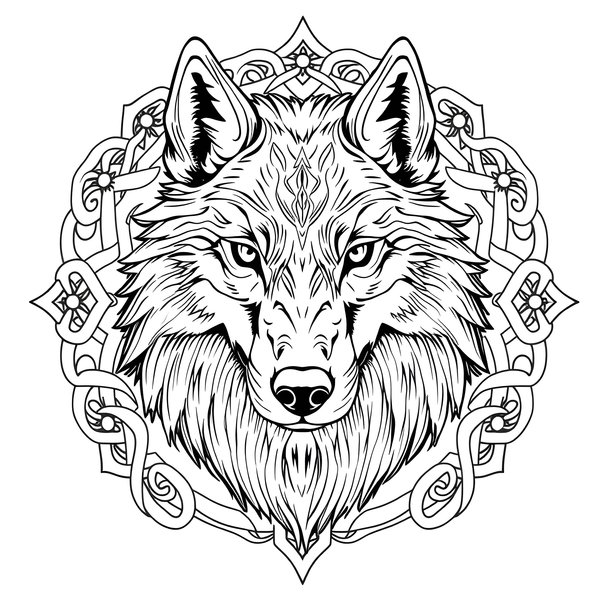 Wolf Spirit Emblem Coloring Page (free black-and-white line drawing printable PDF for all, from beginners to advanced learners, including children, teens, adults, and seniors)