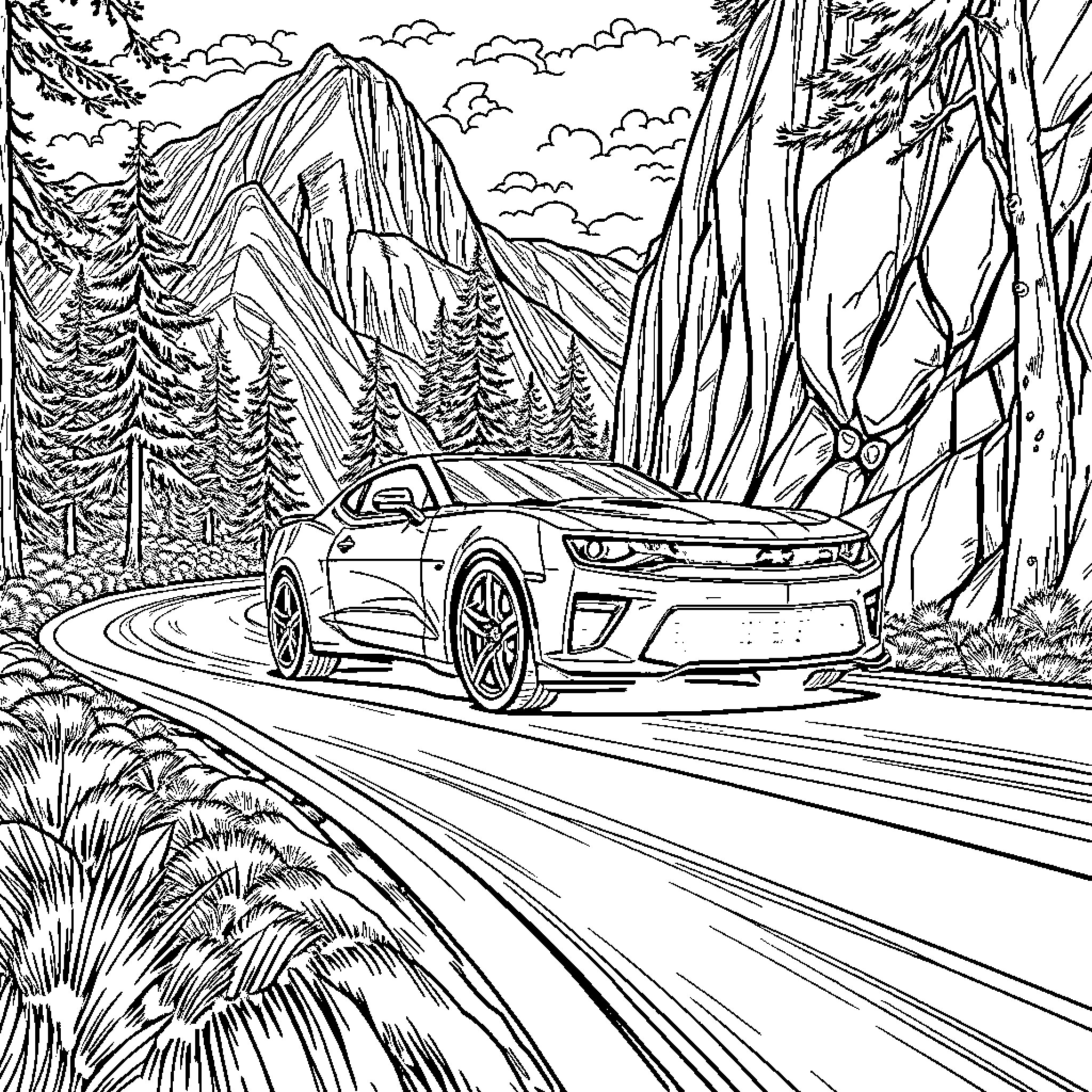 Camaro driving through scenic mountain landscape Coloring Page (free black-and-white line drawing printable PDF for all, from beginners to advanced learners, including children, teens, adults, and seniors)