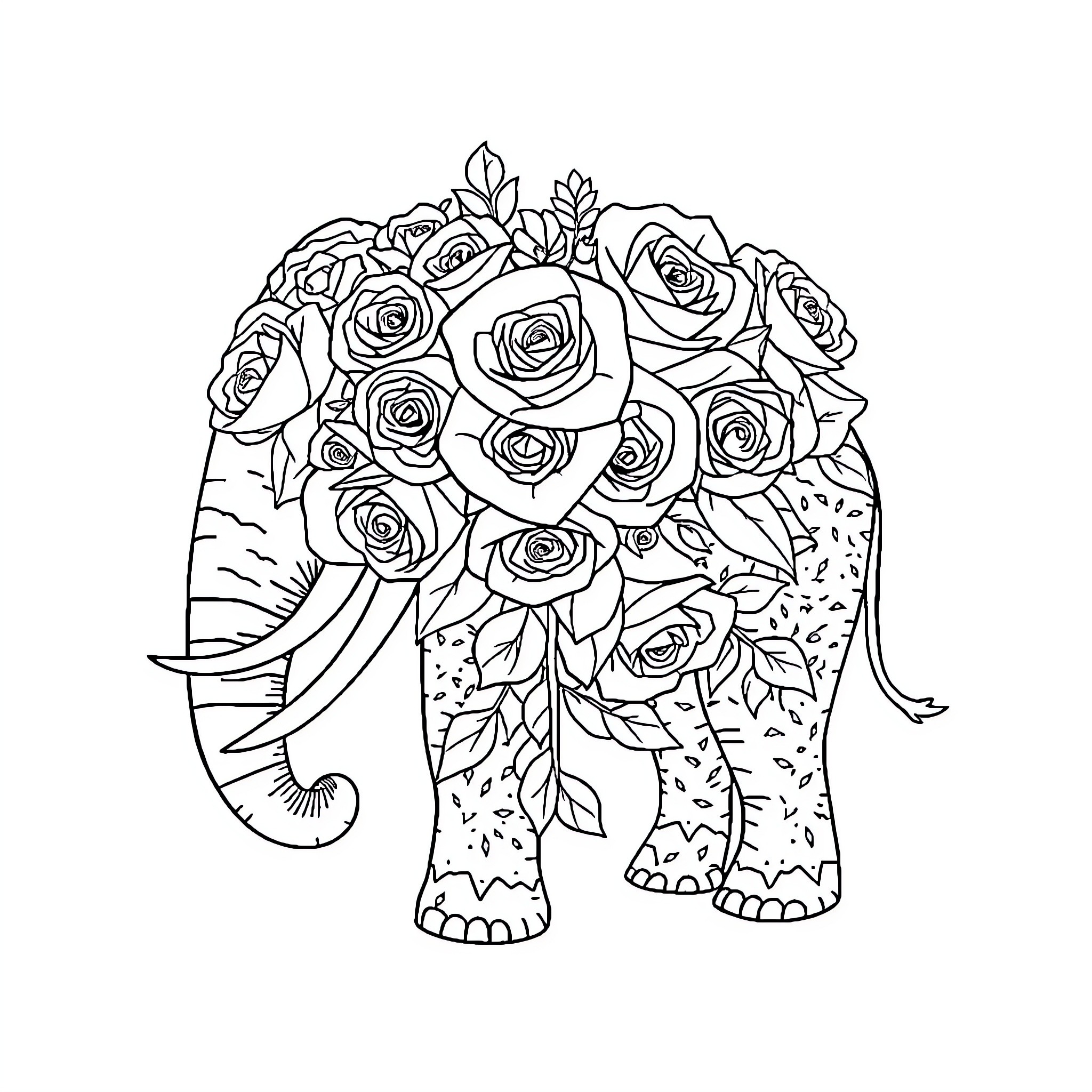 Elephant adorned with a floral bouquet Coloring Page (free black-and-white line drawing printable PDF for all, from beginners to advanced learners, including children, teens, adults, and seniors)