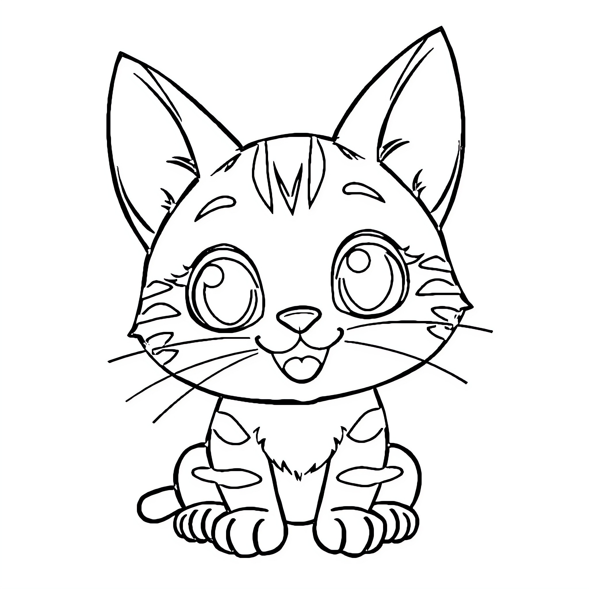 Cat with Exaggerated Facial Features Coloring Page (free black-and-white line drawing printable PDF for all, from beginners to advanced learners, including children, teens, adults, and seniors)