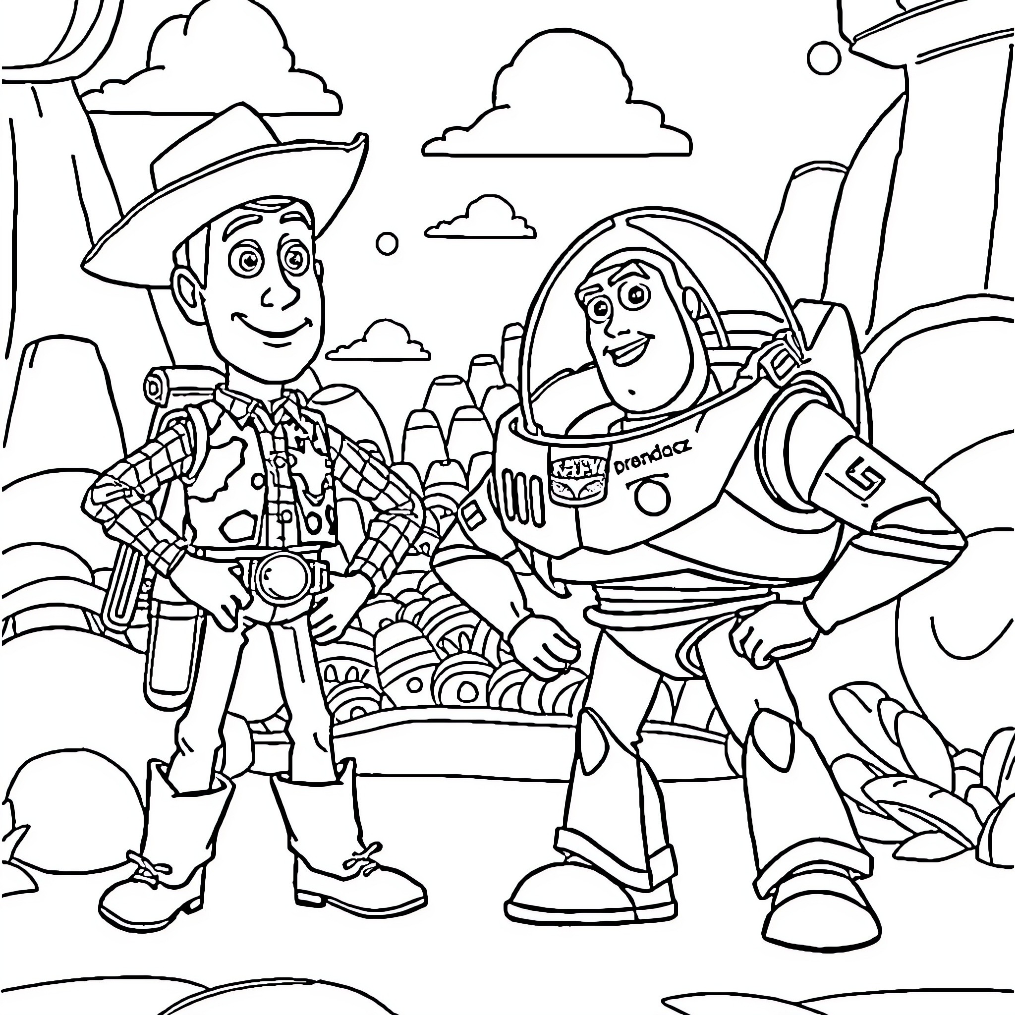 Toy Story Cowboys Explore Adventurous Landscape Coloring Page (free black-and-white line drawing printable PDF for all, from beginners to advanced learners, including children, teens, adults, and seniors)