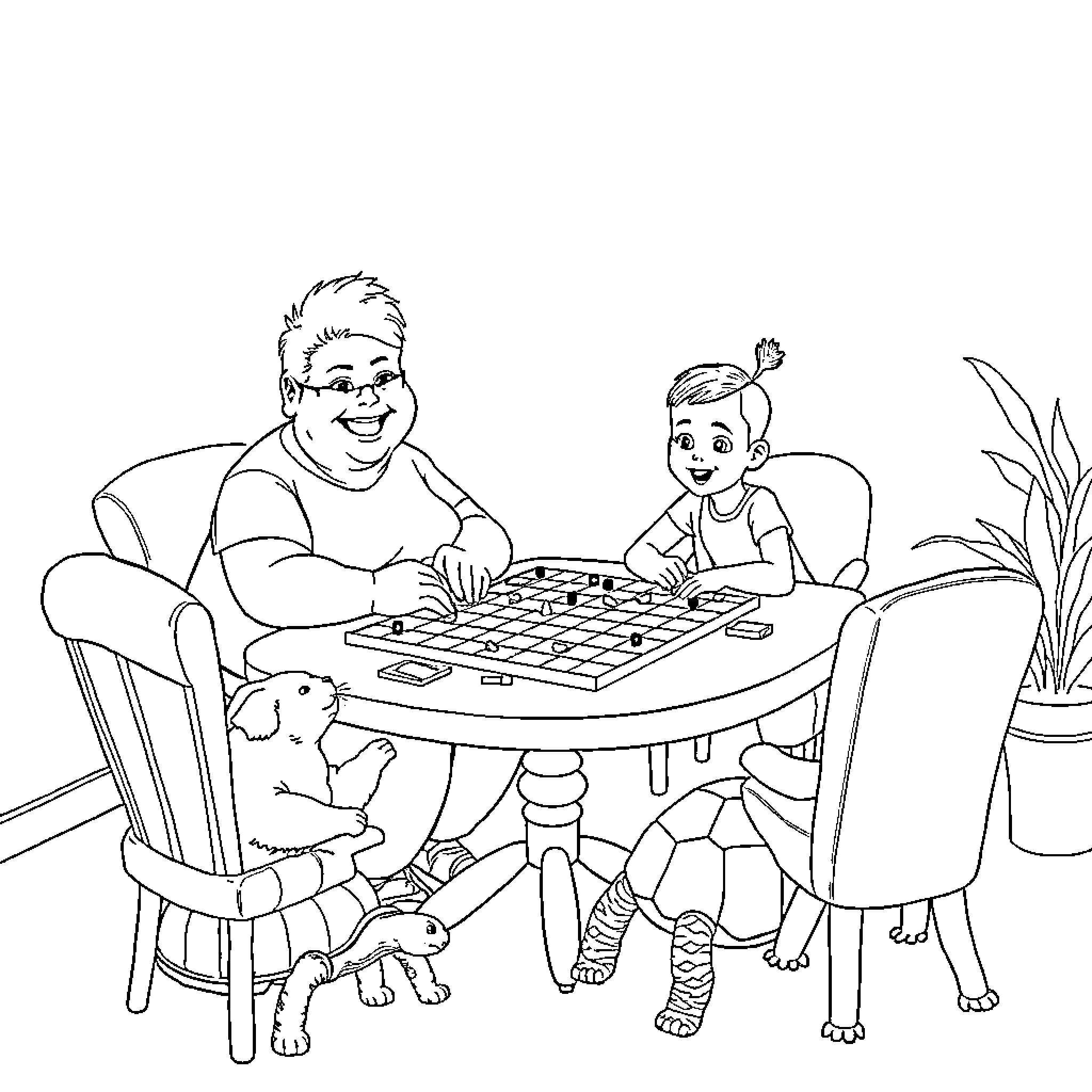 Mother and child playing board game together Coloring Page (free black-and-white line drawing printable PDF for all, from beginners to advanced learners, including children, teens, adults, and seniors)