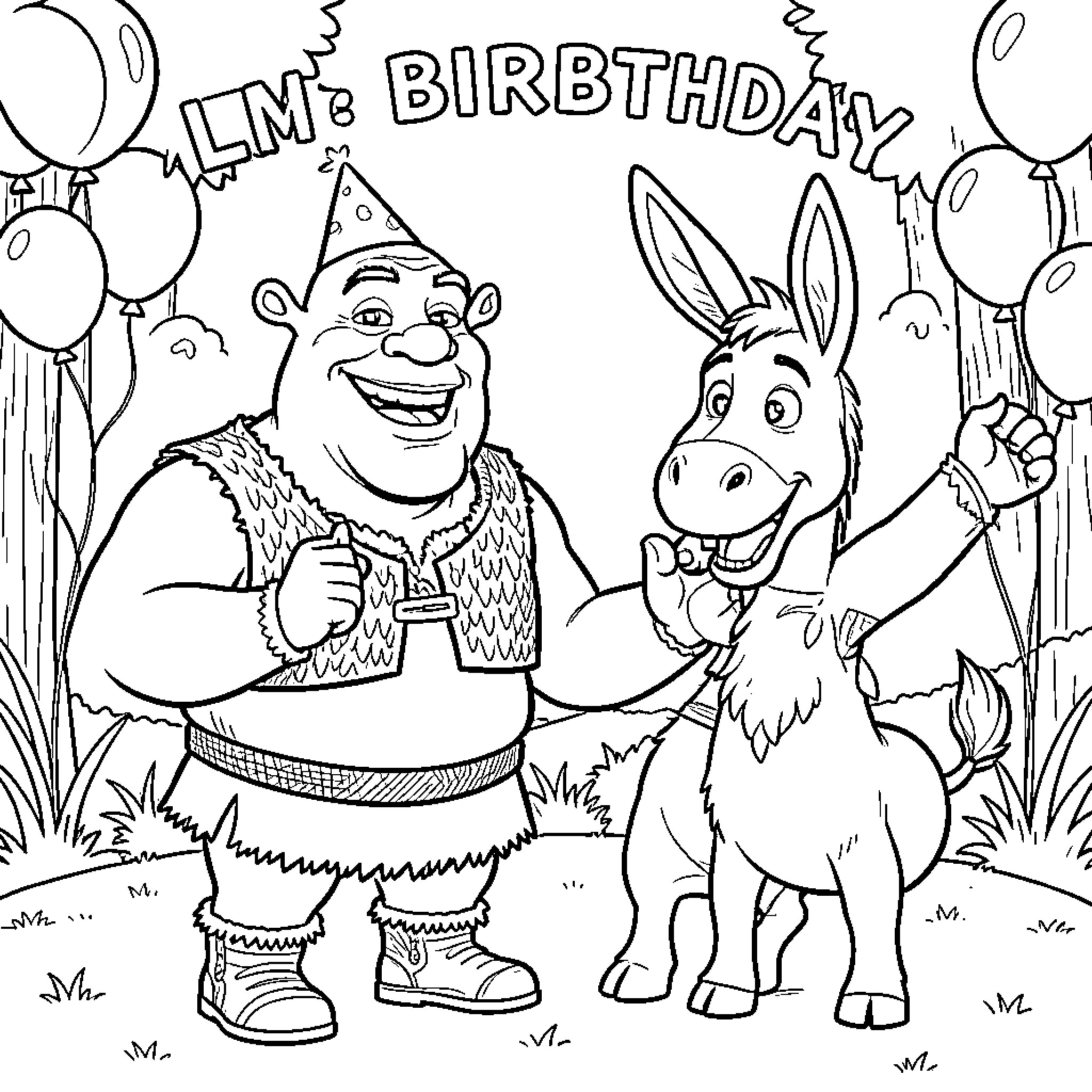 Shrek and Donkey celebrate birthday with balloons Coloring Page (free black-and-white line drawing printable PDF for all, from beginners to advanced learners, including children, teens, adults, and seniors)