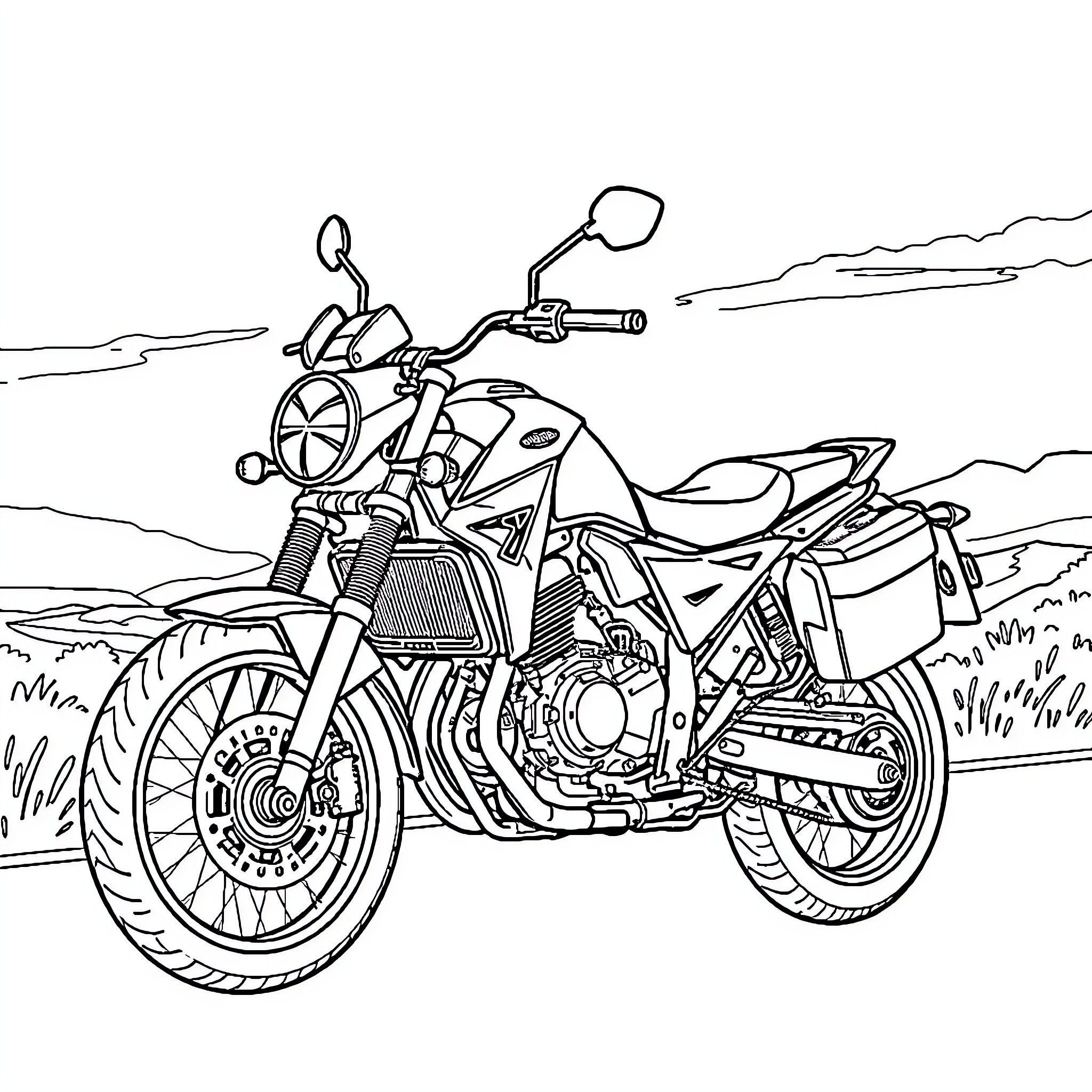Dual Sport Motorcycle Traversing Rugged Terrain Coloring Page (free black-and-white line drawing printable PDF for all, from beginners to advanced learners, including children, teens, adults, and seniors)