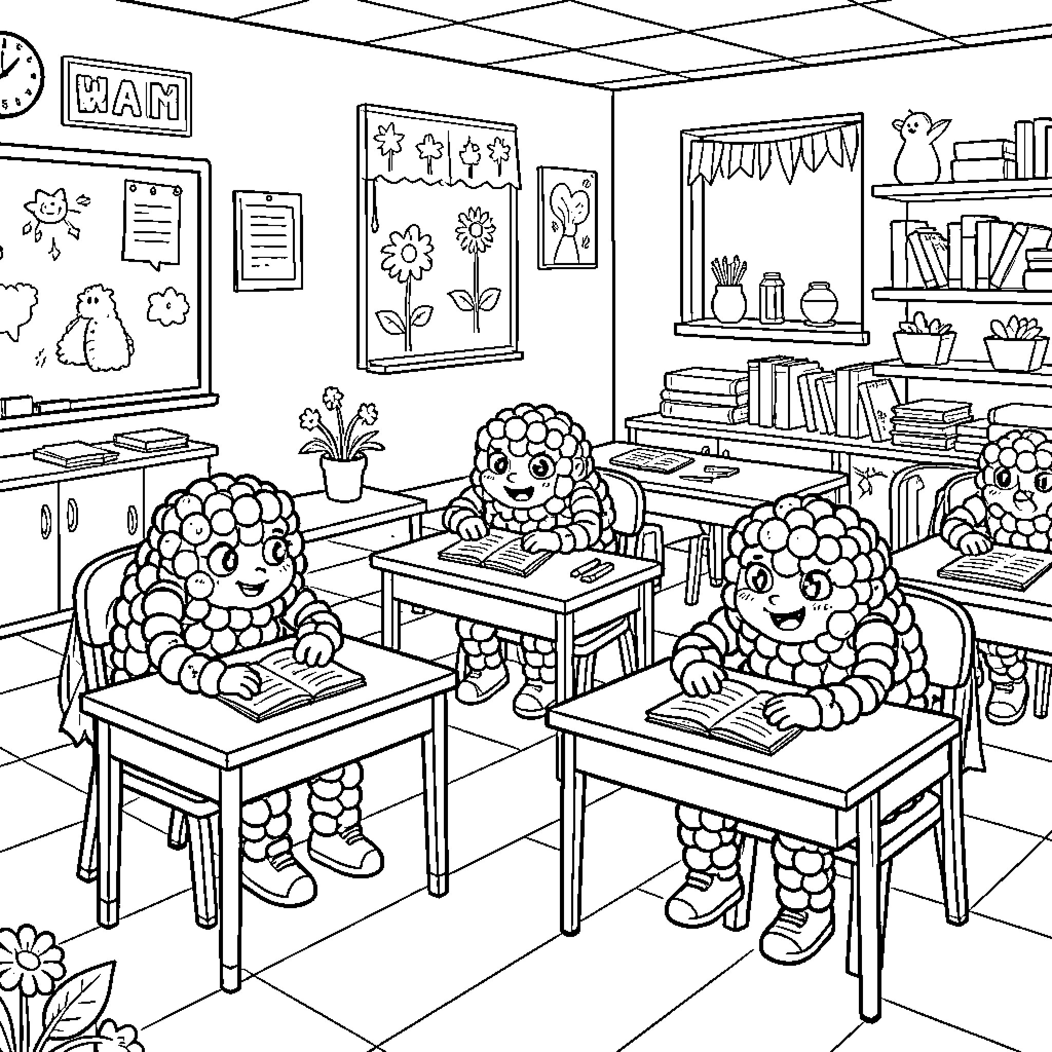 Circle Bead Classroom with Learning Toys Coloring Page (free black-and-white line drawing printable PDF for all, from beginners to advanced learners, including children, teens, adults, and seniors)
