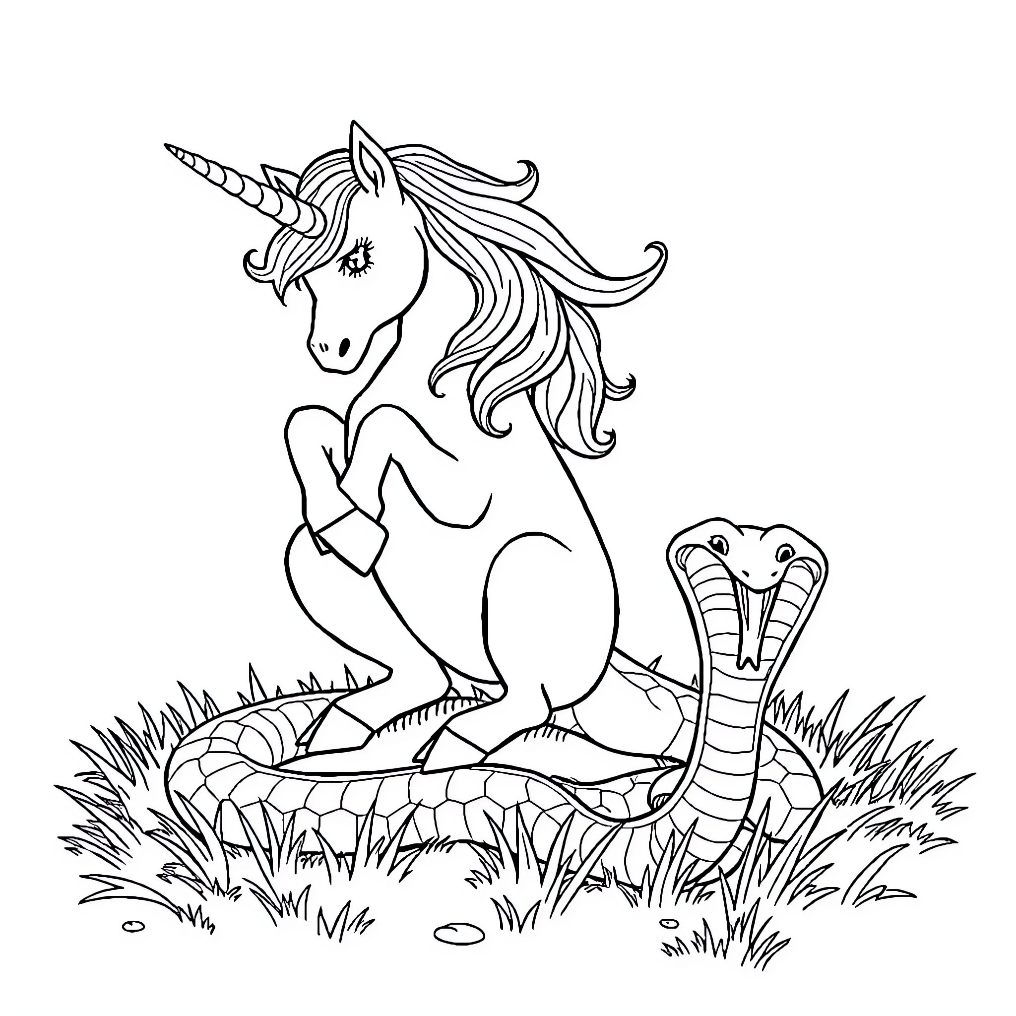 Unicorn relaxing in the meadow with snake Coloring Page (free black-and-white line drawing printable PDF for all, from beginners to advanced learners, including children, teens, adults, and seniors)