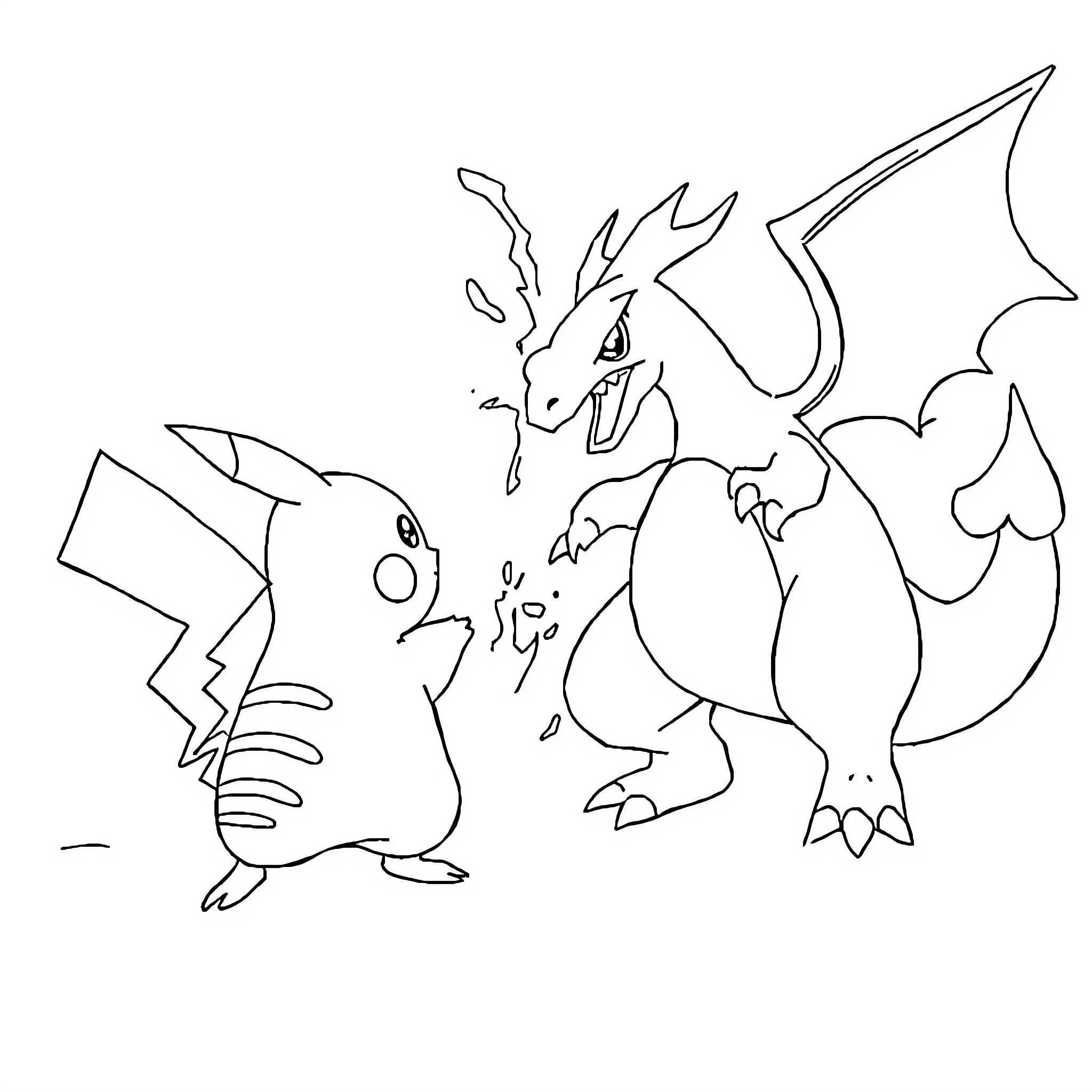 Pikachu and Charizard engage in a playful exchange Coloring Page (free black-and-white line drawing printable PDF for all, from beginners to advanced learners, including children, teens, adults, and seniors)