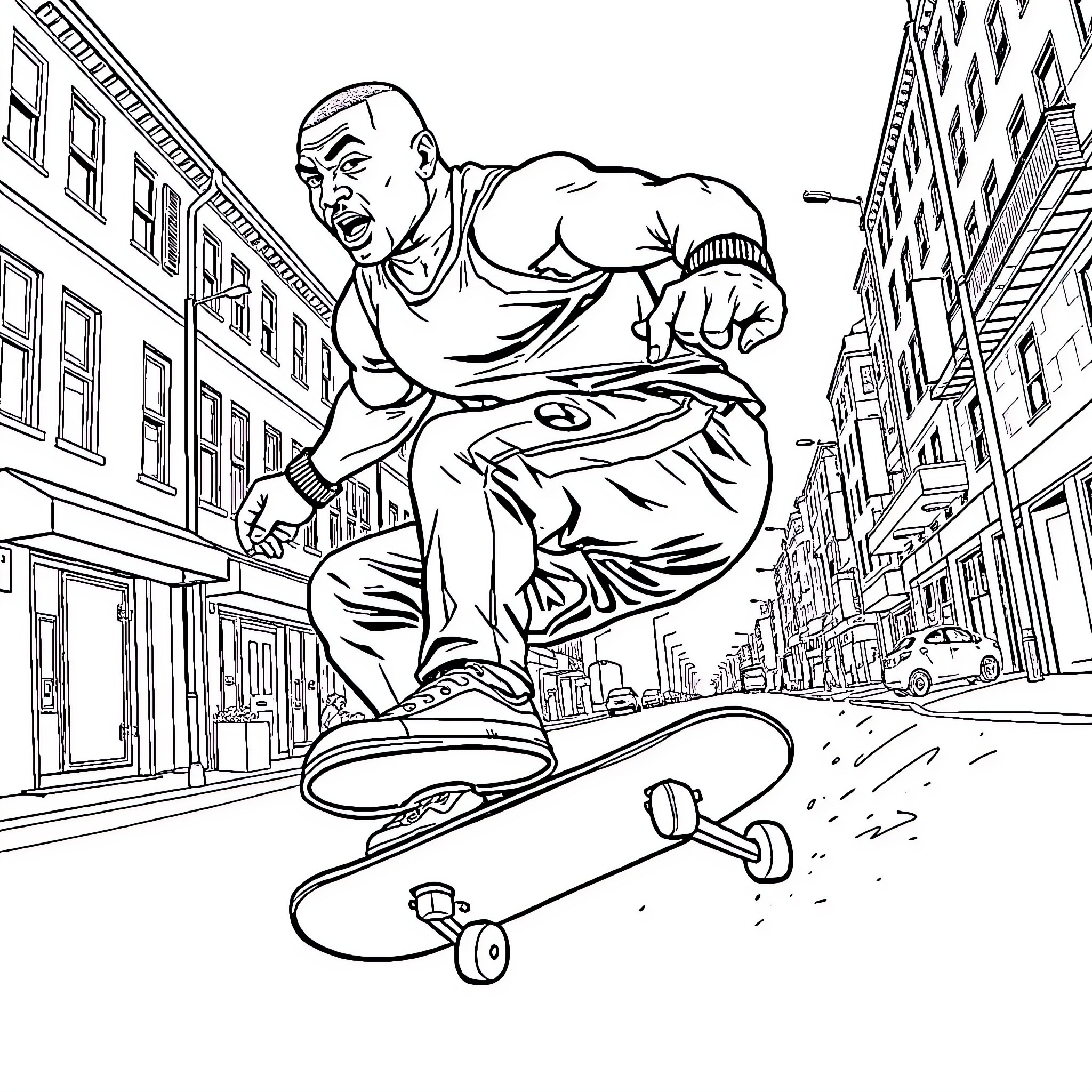 Mike Tyson Performing Skateboard Tricks in the City Coloring Page (free black-and-white line drawing printable PDF for all, from beginners to advanced learners, including children, teens, adults, and seniors)