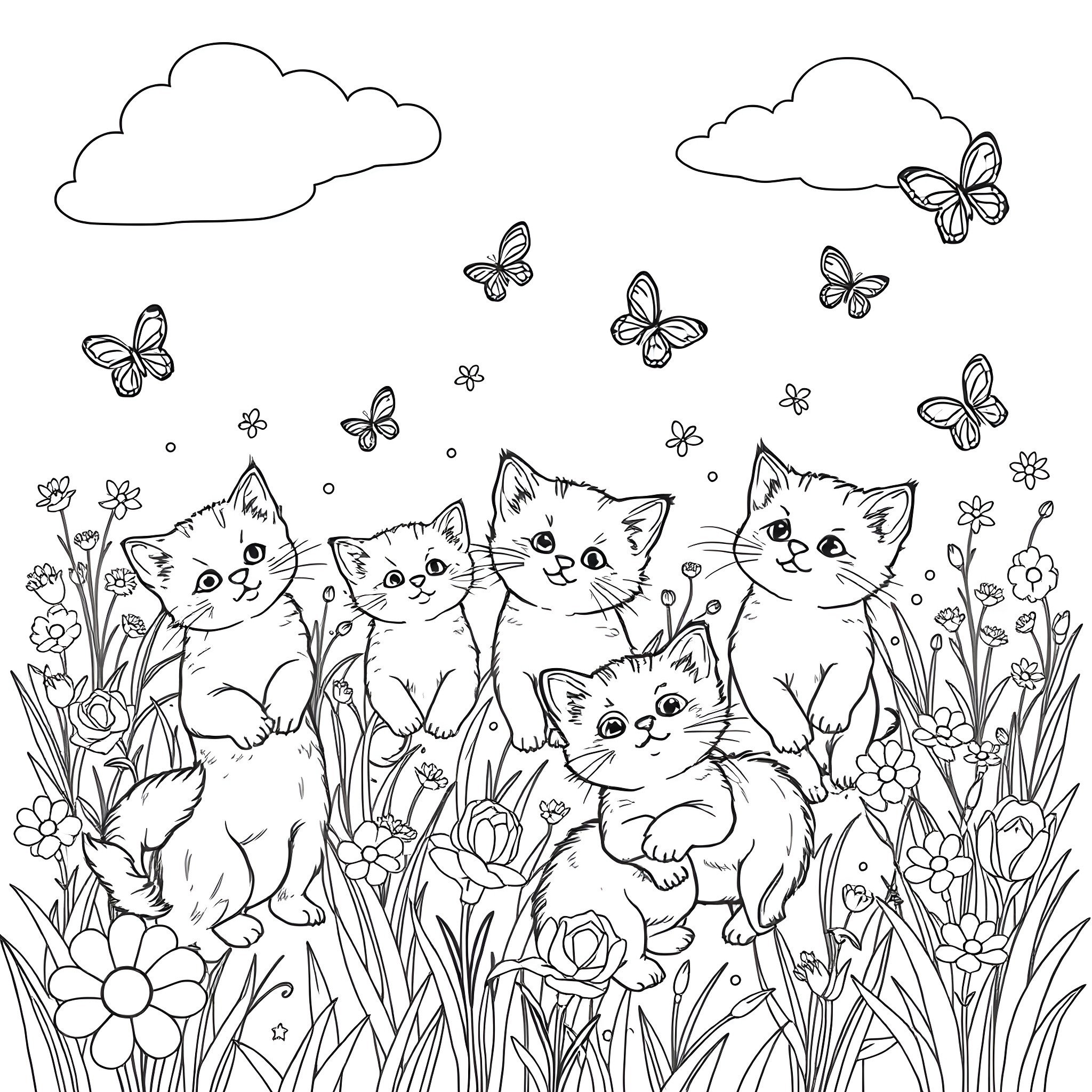 Kitten playing in a flowery field with butterflies Coloring Page (free black-and-white line drawing printable PDF for all, from beginners to advanced learners, including children, teens, adults, and seniors)