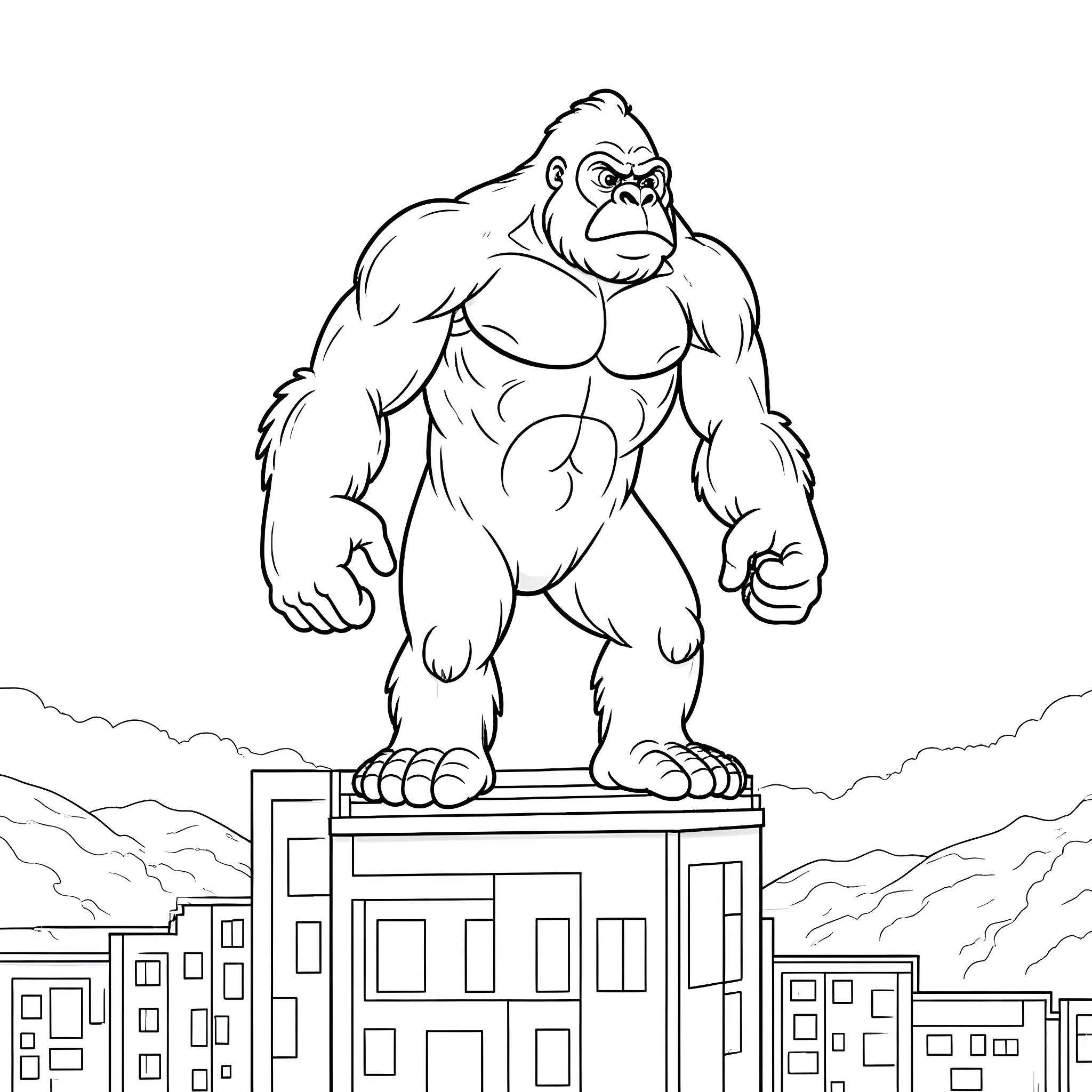 King Kong stomping through the city Coloring Page (free black-and-white line drawing printable PDF for all, from beginners to advanced learners, including children, teens, adults, and seniors)