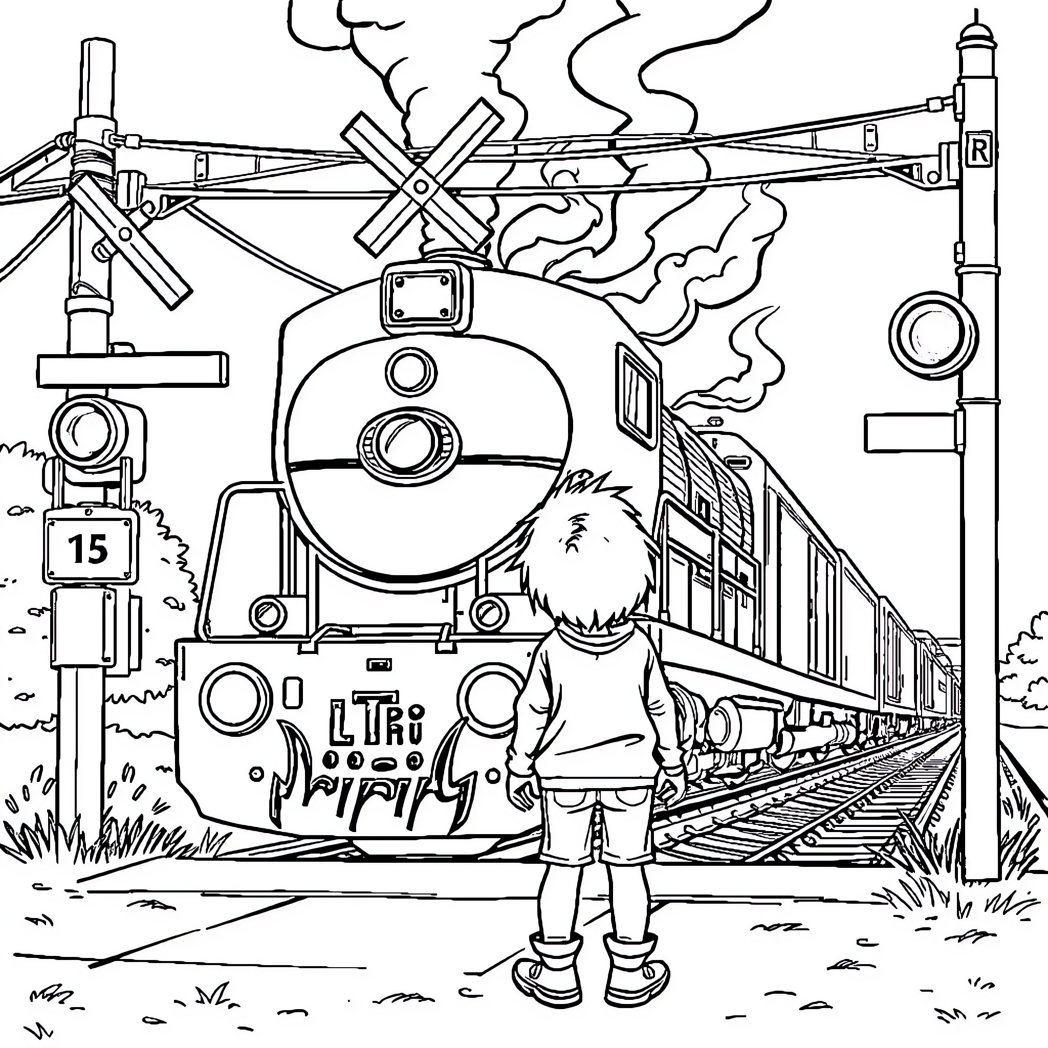 Kid observing an old-fashioned steam locomotive Coloring Page (free black-and-white line drawing printable PDF for all, from beginners to advanced learners, including children, teens, adults, and seniors)