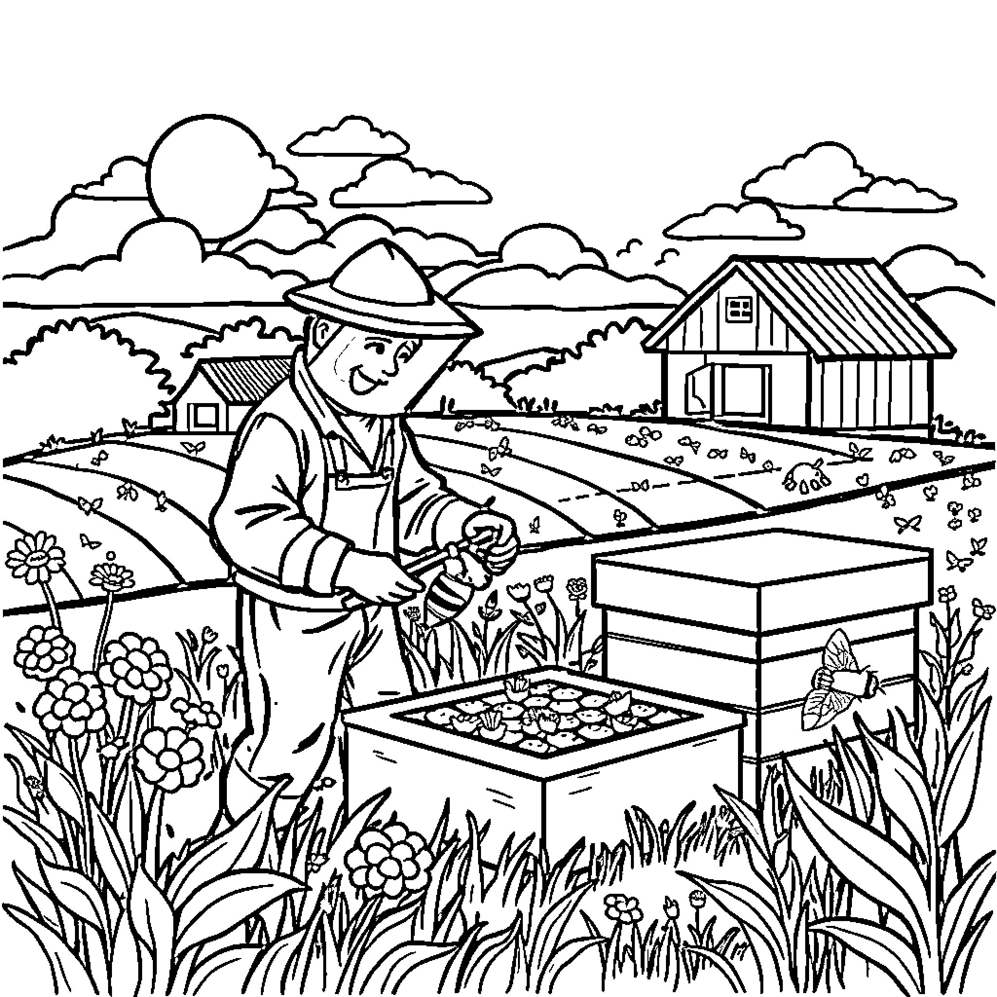 Beekeeping activities in a rural landscape Coloring Page (free black-and-white line drawing printable PDF for all, from beginners to advanced learners, including children, teens, adults, and seniors)