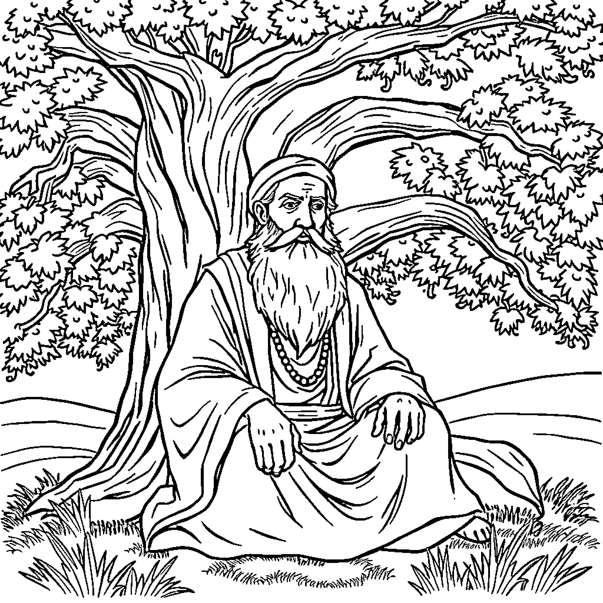 Abraham meditating peacefully in the lush forest Coloring Page (free black-and-white line drawing printable PDF for all, from beginners to advanced learners, including children, teens, adults, and seniors)