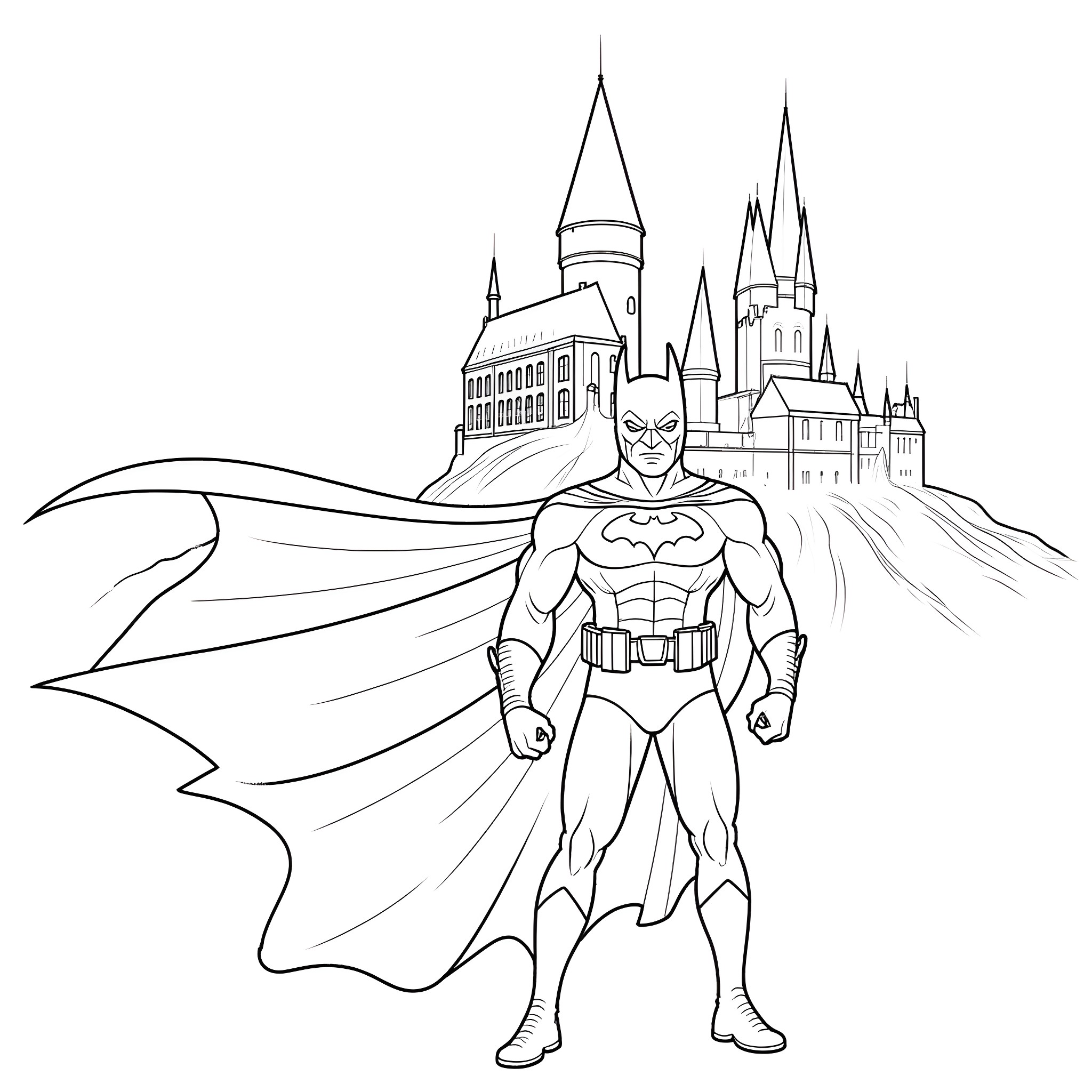 Batman standing heroically before a castle Coloring Page (free black-and-white line drawing printable PDF for all, from beginners to advanced learners, including children, teens, adults, and seniors)