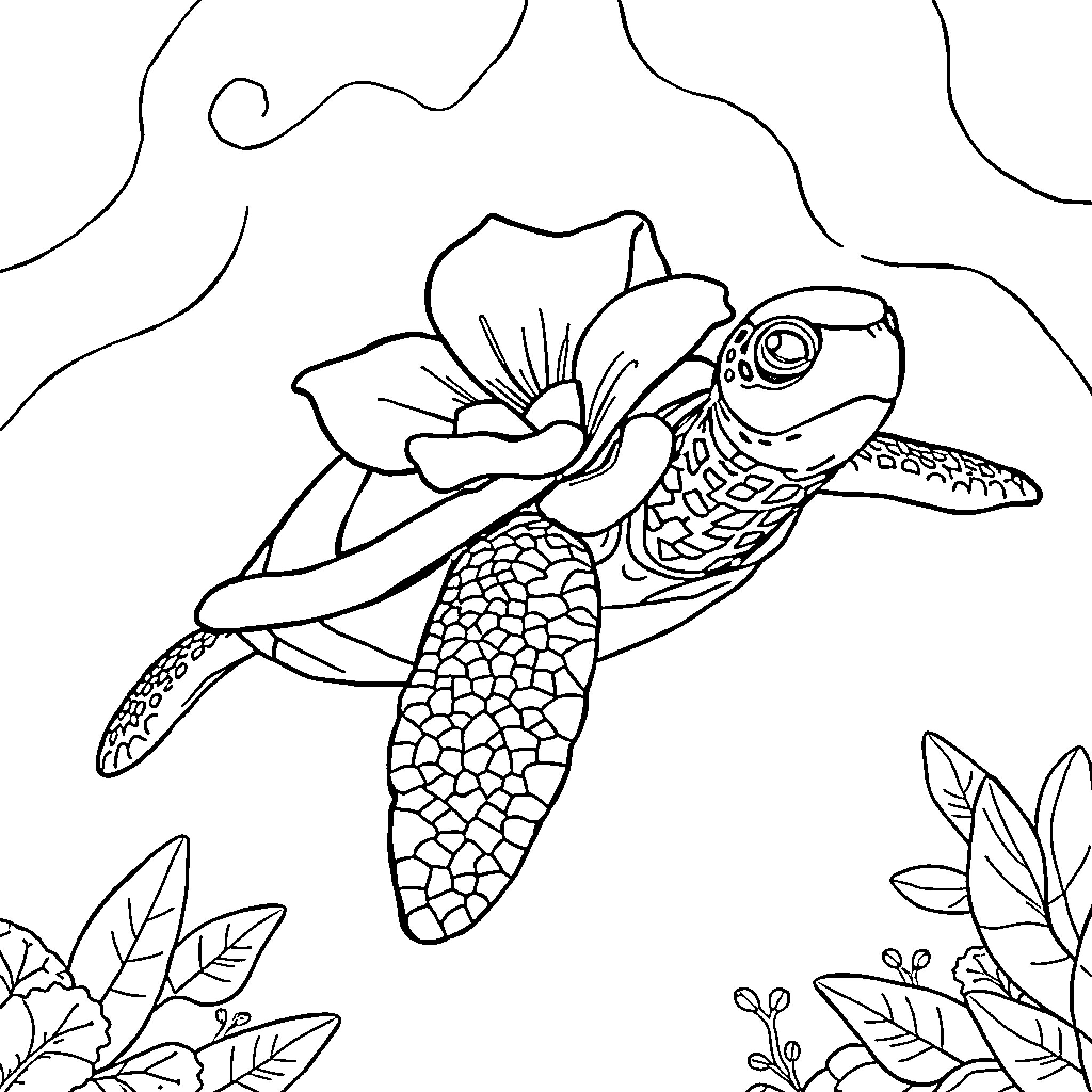 Sea Turtle swimming amid underwater flora Coloring Page (free black-and-white line drawing printable PDF for all, from beginners to advanced learners, including children, teens, adults, and seniors)