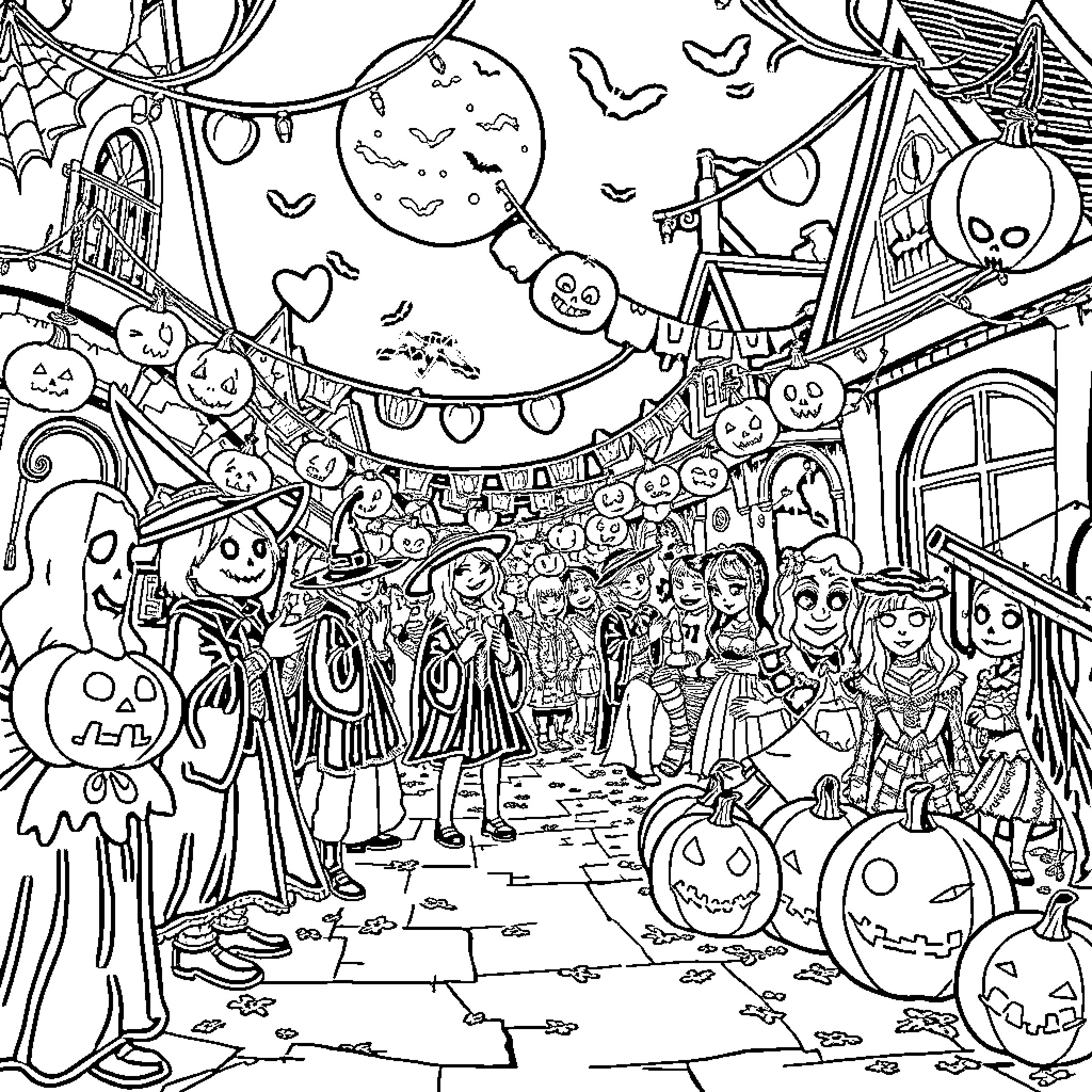 Vampire Halloween Party in Spooky Neighborhood Coloring Page (free black-and-white line drawing printable PDF for all, from beginners to advanced learners, including children, teens, adults, and seniors)