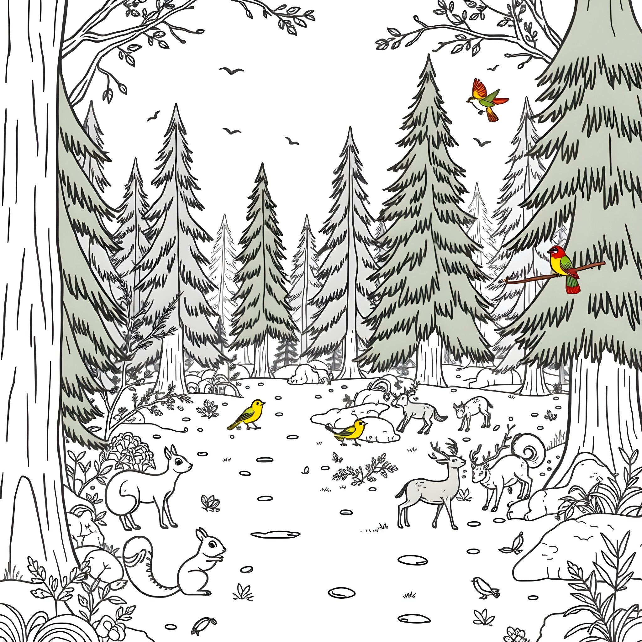 Animal Forest Scene with Wildlife Coloring Page (free black-and-white line drawing printable PDF for all, from beginners to advanced learners, including children, teens, adults, and seniors)