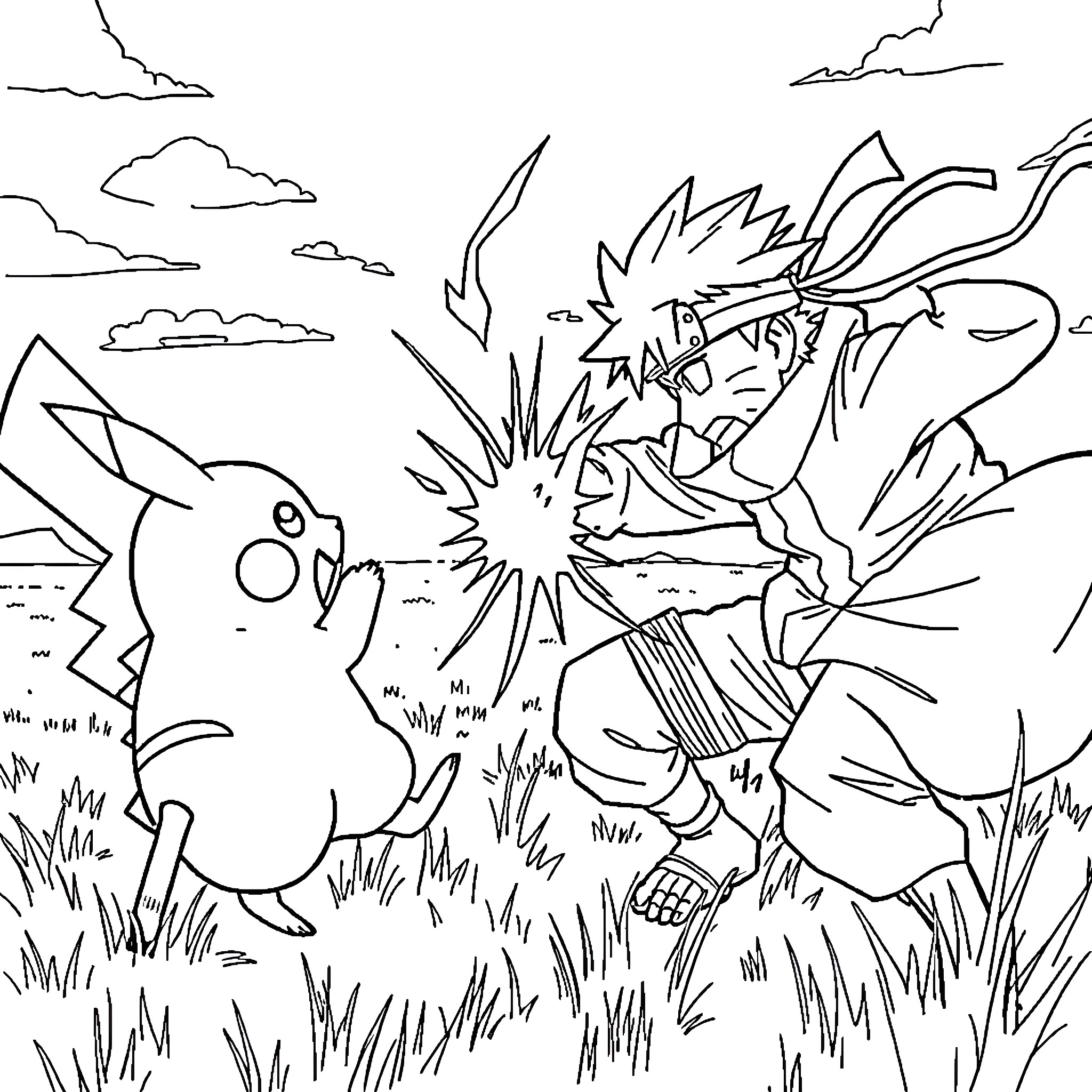 Pikachu battling ferociously in a grassy field Coloring Page (free black-and-white line drawing printable PDF for all, from beginners to advanced learners, including children, teens, adults, and seniors)