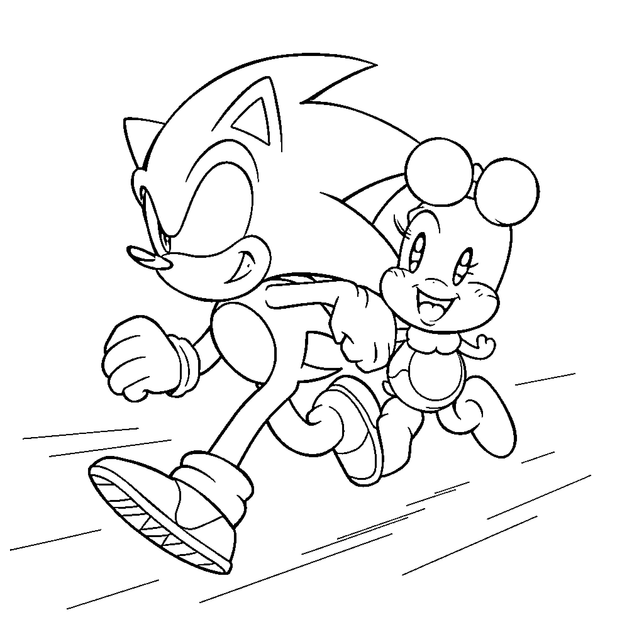 Sonic and Tails racing together in action Coloring Page (free black-and-white line drawing printable PDF for all, from beginners to advanced learners, including children, teens, adults, and seniors)